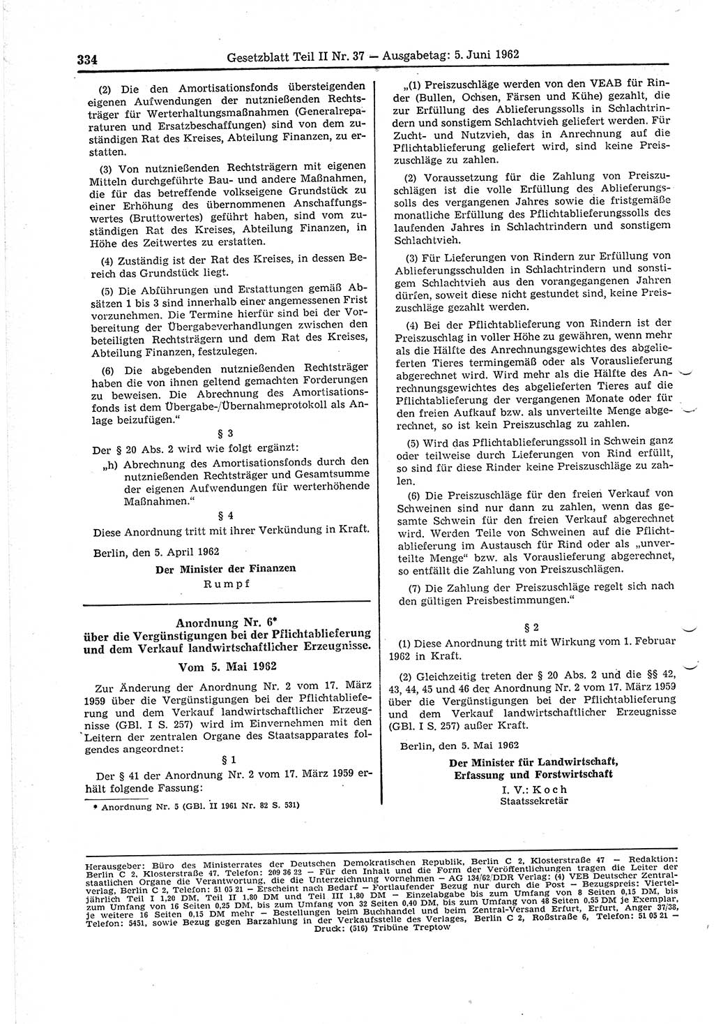 Gesetzblatt (GBl.) der Deutschen Demokratischen Republik (DDR) Teil ⅠⅠ 1962, Seite 334 (GBl. DDR ⅠⅠ 1962, S. 334)