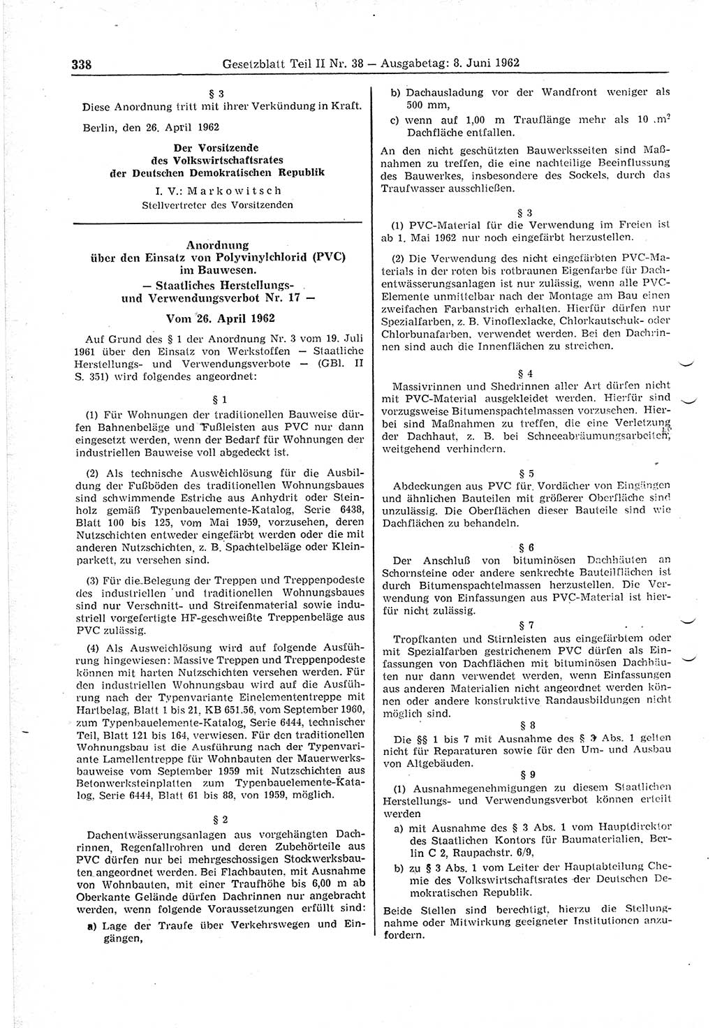 Gesetzblatt (GBl.) der Deutschen Demokratischen Republik (DDR) Teil ⅠⅠ 1962, Seite 338 (GBl. DDR ⅠⅠ 1962, S. 338)