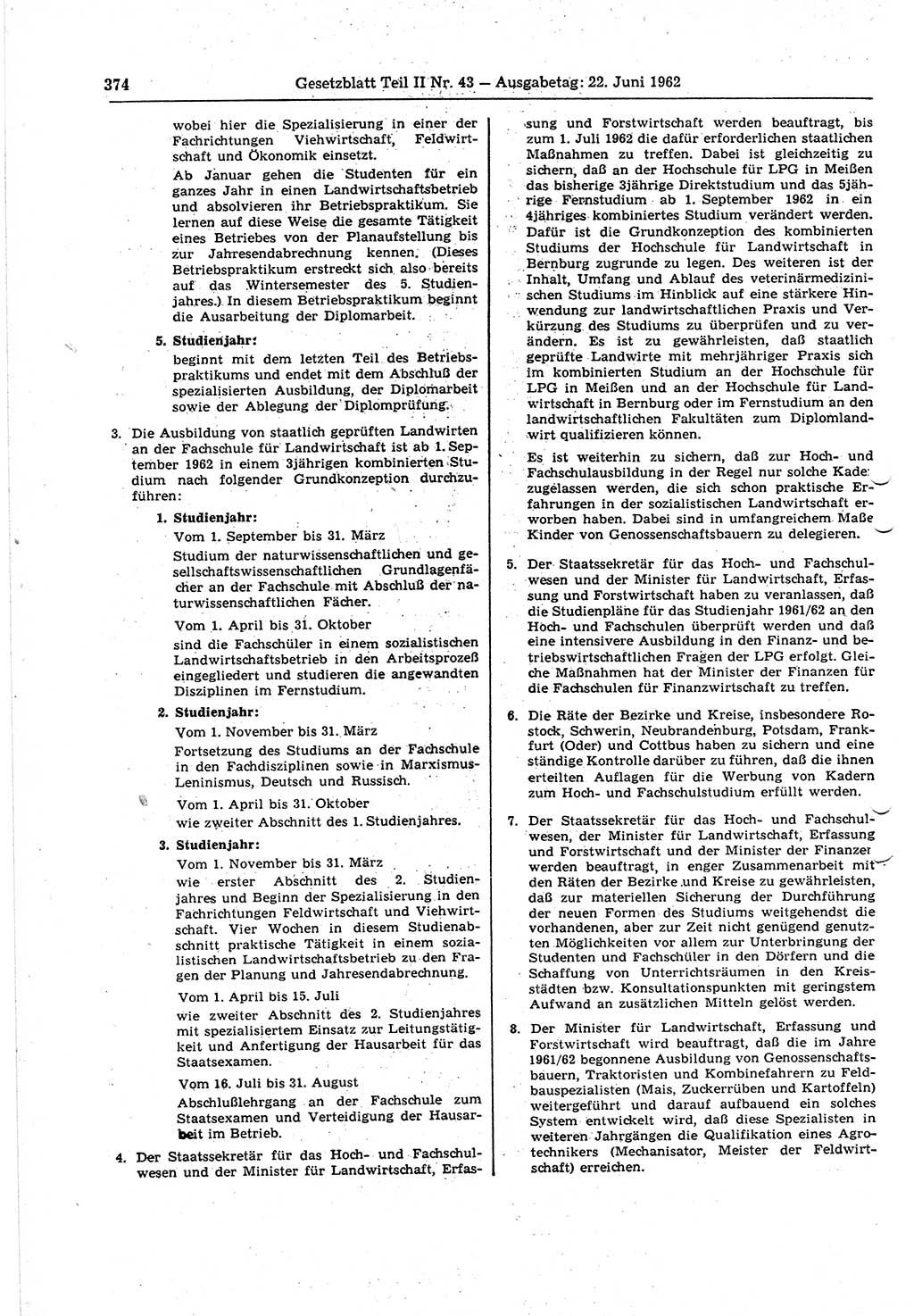 Gesetzblatt (GBl.) der Deutschen Demokratischen Republik (DDR) Teil ⅠⅠ 1962, Seite 374 (GBl. DDR ⅠⅠ 1962, S. 374)