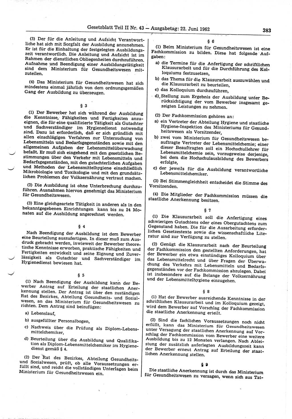 Gesetzblatt (GBl.) der Deutschen Demokratischen Republik (DDR) Teil ⅠⅠ 1962, Seite 383 (GBl. DDR ⅠⅠ 1962, S. 383)