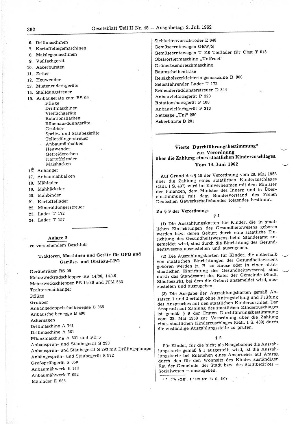 Gesetzblatt (GBl.) der Deutschen Demokratischen Republik (DDR) Teil ⅠⅠ 1962, Seite 392 (GBl. DDR ⅠⅠ 1962, S. 392)