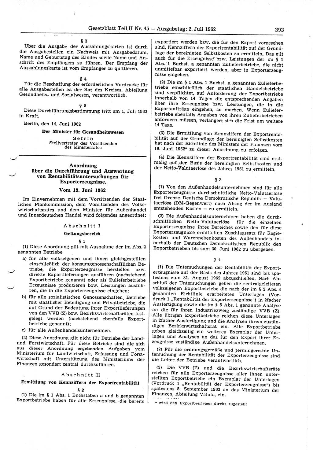 Gesetzblatt (GBl.) der Deutschen Demokratischen Republik (DDR) Teil ⅠⅠ 1962, Seite 393 (GBl. DDR ⅠⅠ 1962, S. 393)