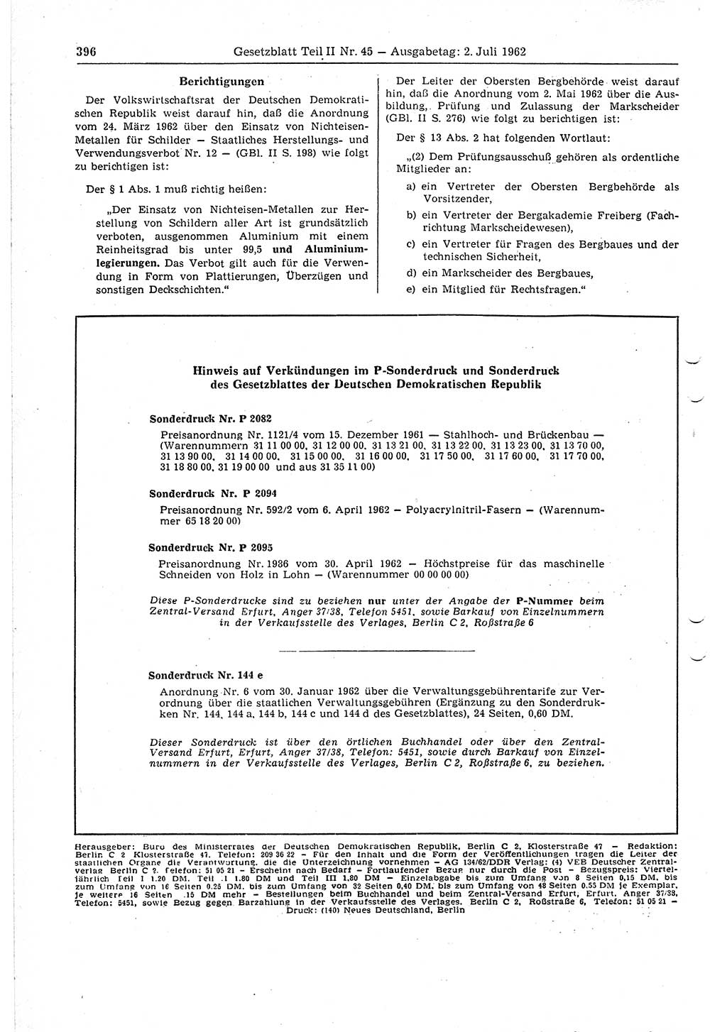 Gesetzblatt (GBl.) der Deutschen Demokratischen Republik (DDR) Teil ⅠⅠ 1962, Seite 396 (GBl. DDR ⅠⅠ 1962, S. 396)