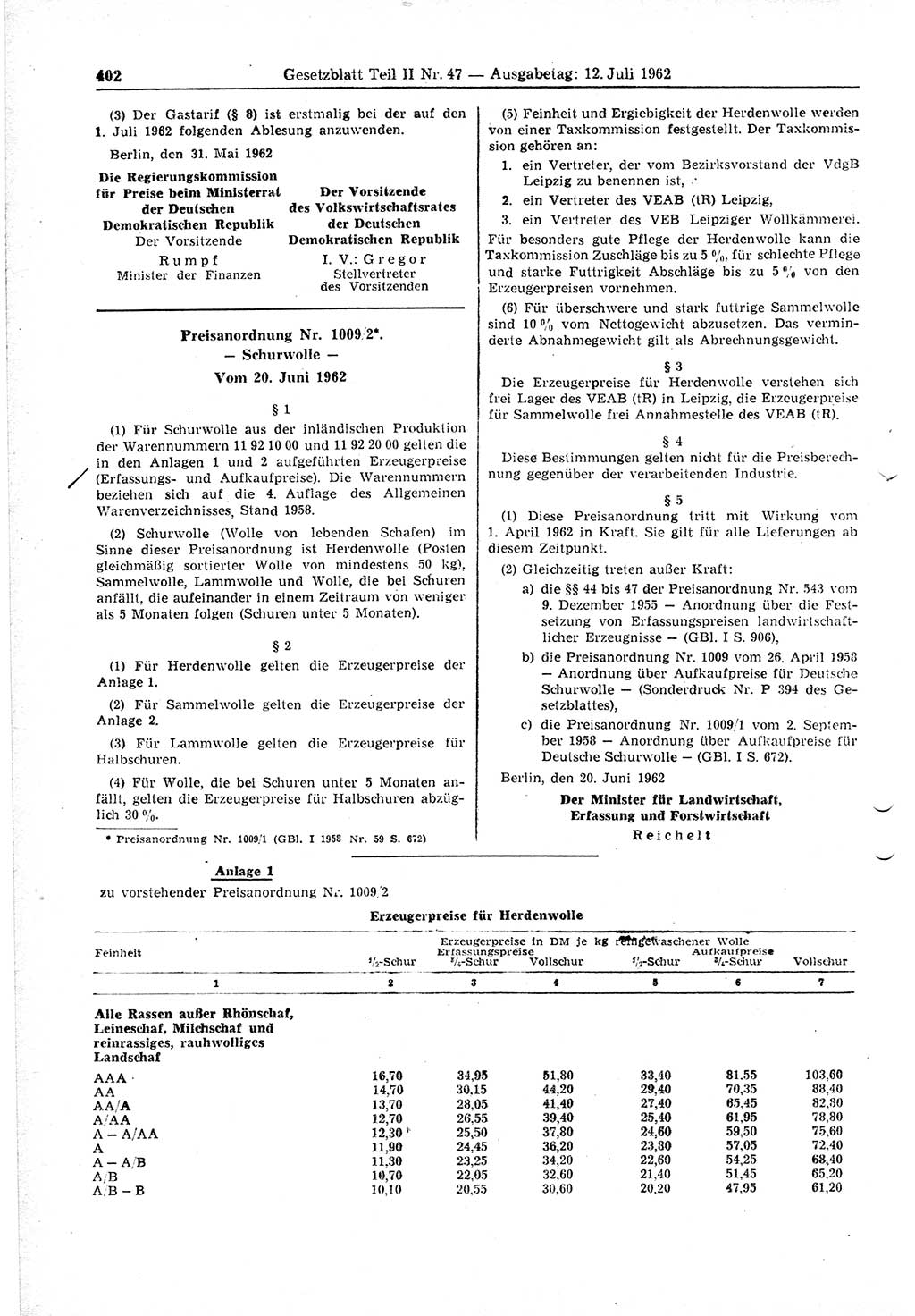 Gesetzblatt (GBl.) der Deutschen Demokratischen Republik (DDR) Teil ⅠⅠ 1962, Seite 402 (GBl. DDR ⅠⅠ 1962, S. 402)