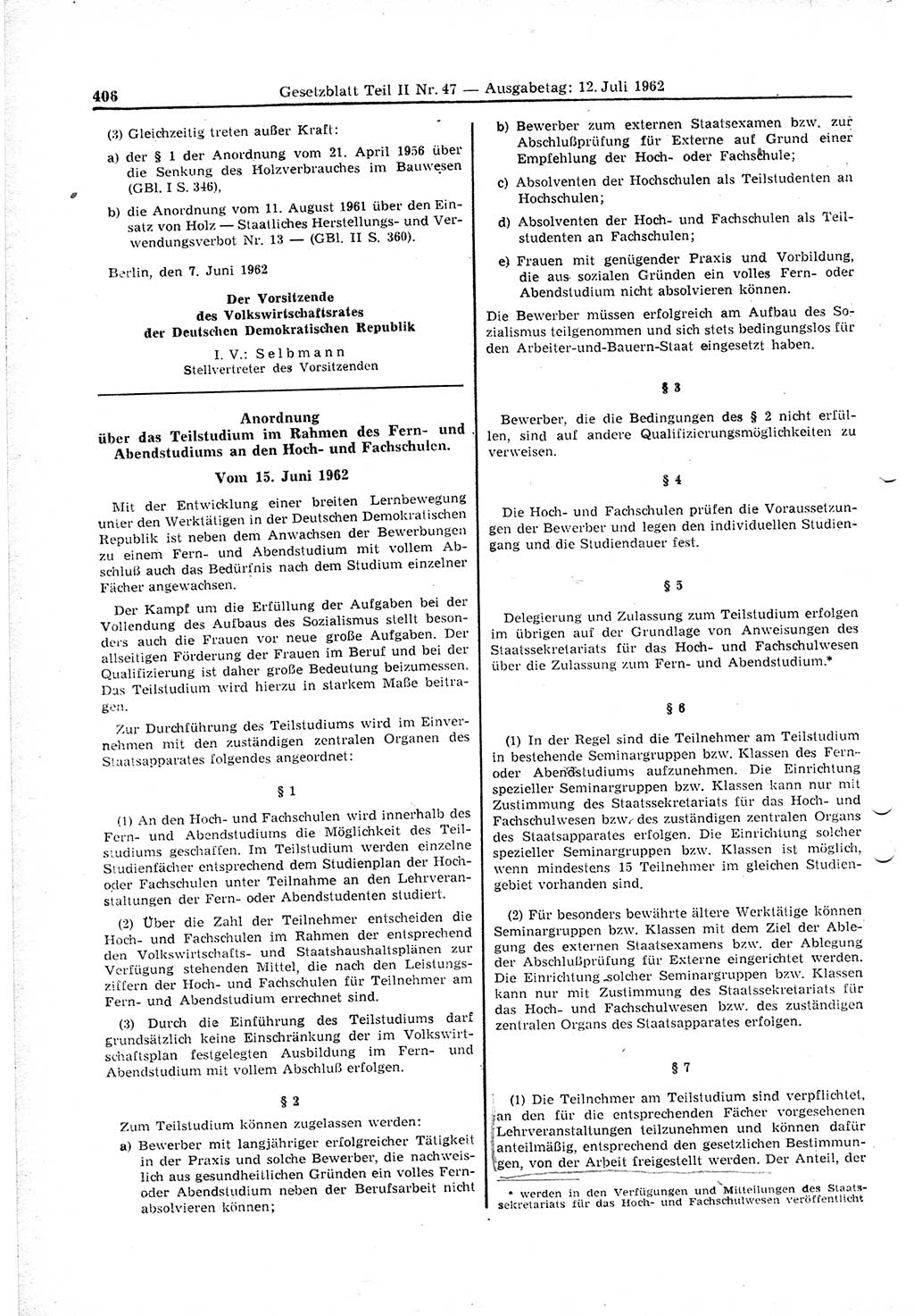 Gesetzblatt (GBl.) der Deutschen Demokratischen Republik (DDR) Teil ⅠⅠ 1962, Seite 406 (GBl. DDR ⅠⅠ 1962, S. 406)