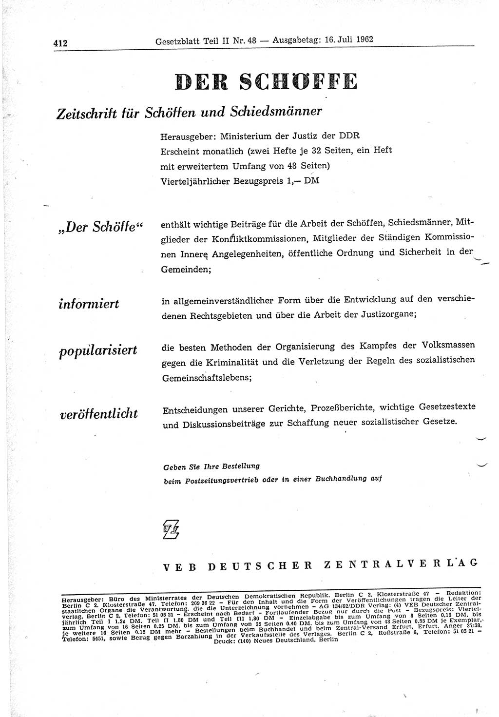 Gesetzblatt (GBl.) der Deutschen Demokratischen Republik (DDR) Teil ⅠⅠ 1962, Seite 412 (GBl. DDR ⅠⅠ 1962, S. 412)