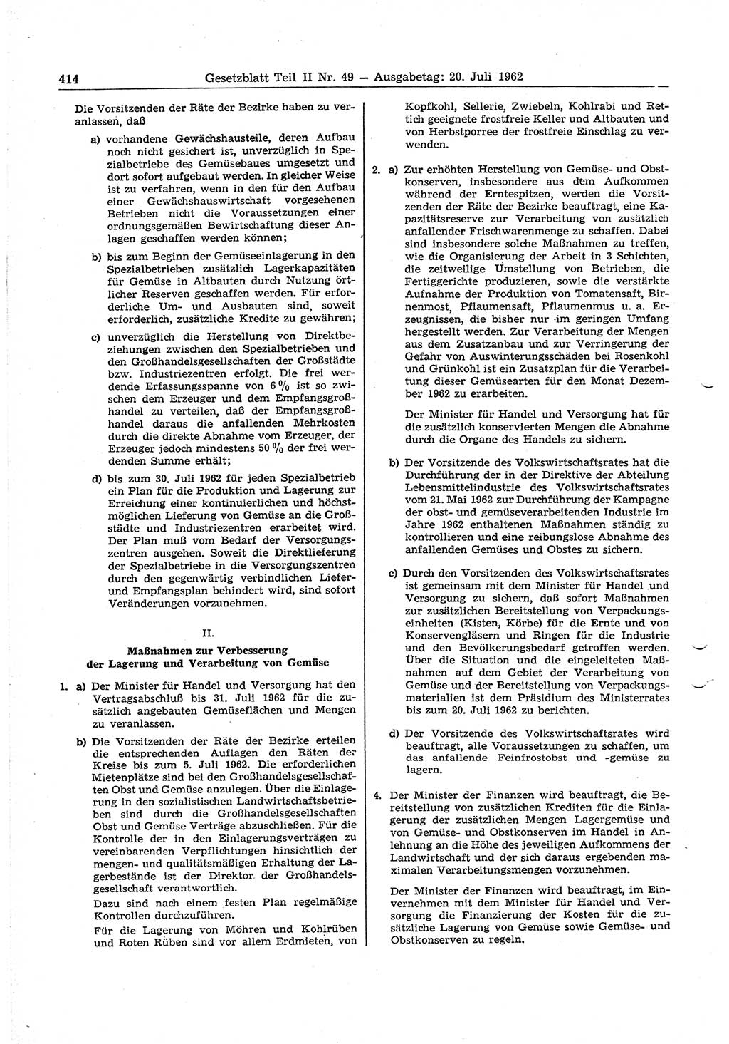 Gesetzblatt (GBl.) der Deutschen Demokratischen Republik (DDR) Teil ⅠⅠ 1962, Seite 414 (GBl. DDR ⅠⅠ 1962, S. 414)