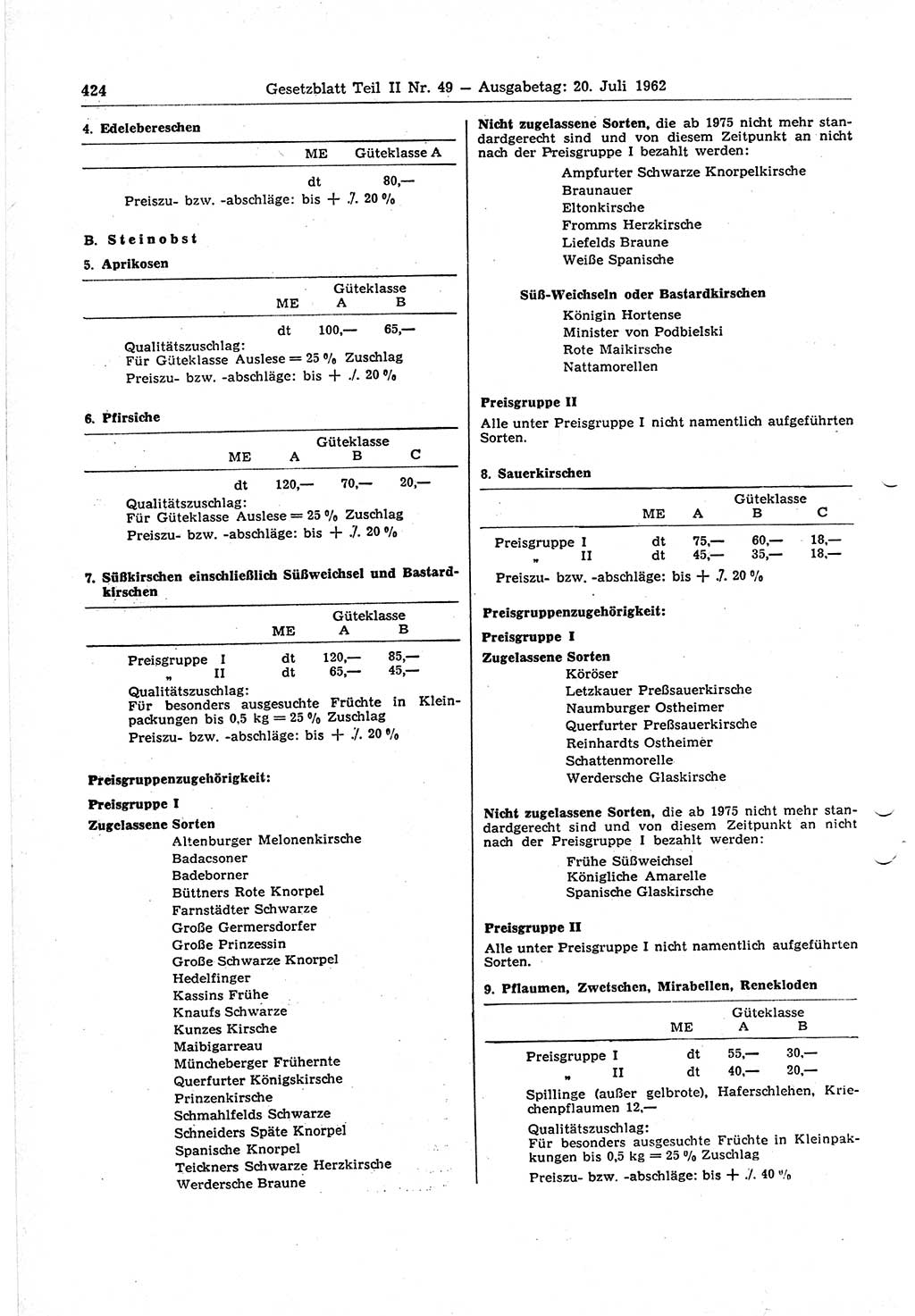 Gesetzblatt (GBl.) der Deutschen Demokratischen Republik (DDR) Teil ⅠⅠ 1962, Seite 424 (GBl. DDR ⅠⅠ 1962, S. 424)