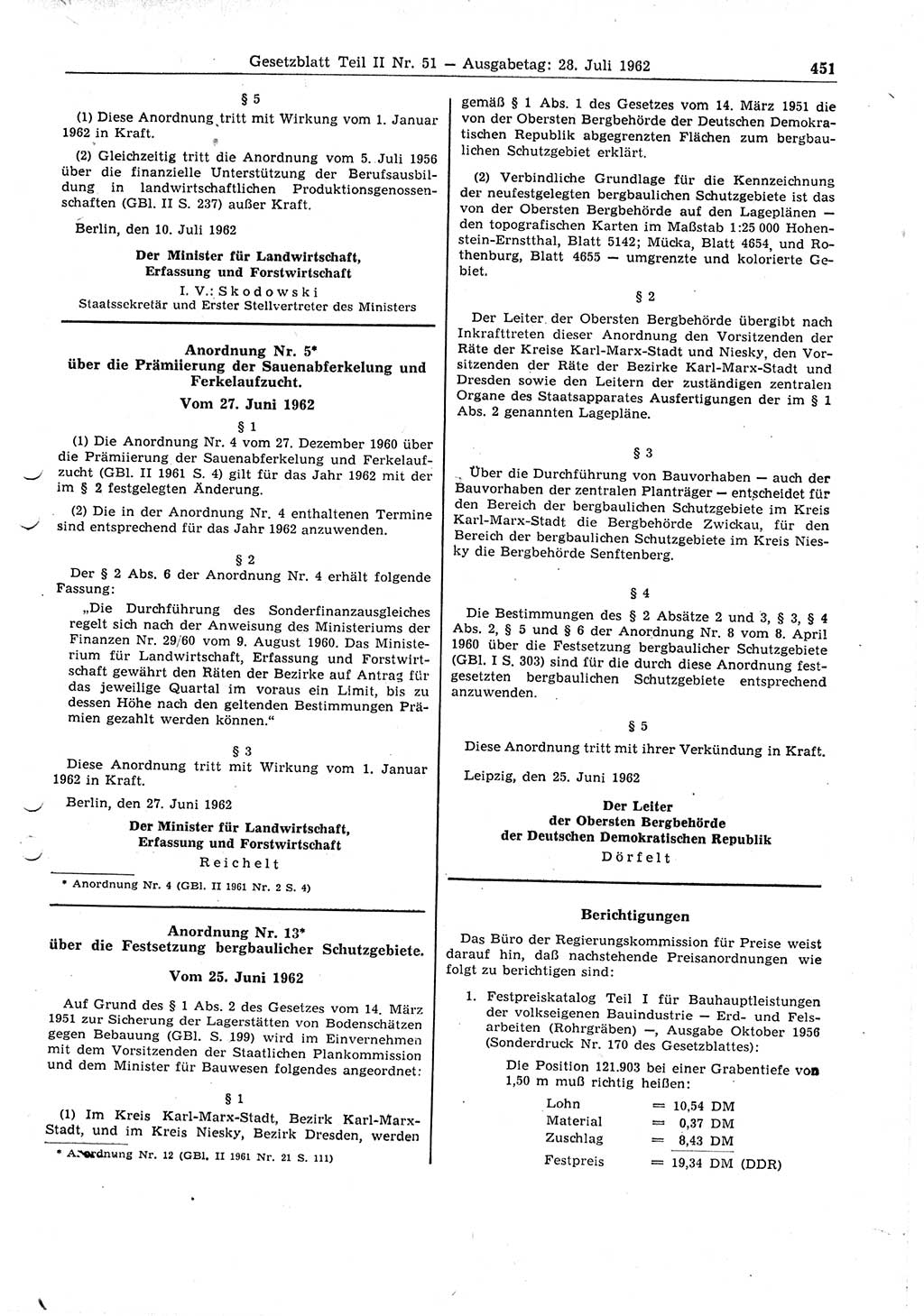 Gesetzblatt (GBl.) der Deutschen Demokratischen Republik (DDR) Teil ⅠⅠ 1962, Seite 451 (GBl. DDR ⅠⅠ 1962, S. 451)