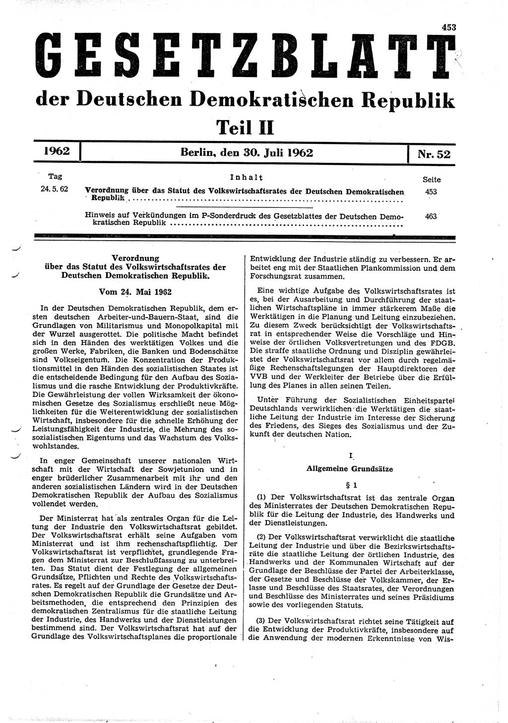 Gesetzblatt (GBl.) der Deutschen Demokratischen Republik (DDR) Teil ⅠⅠ 1962, Seite 453 (GBl. DDR ⅠⅠ 1962, S. 453)