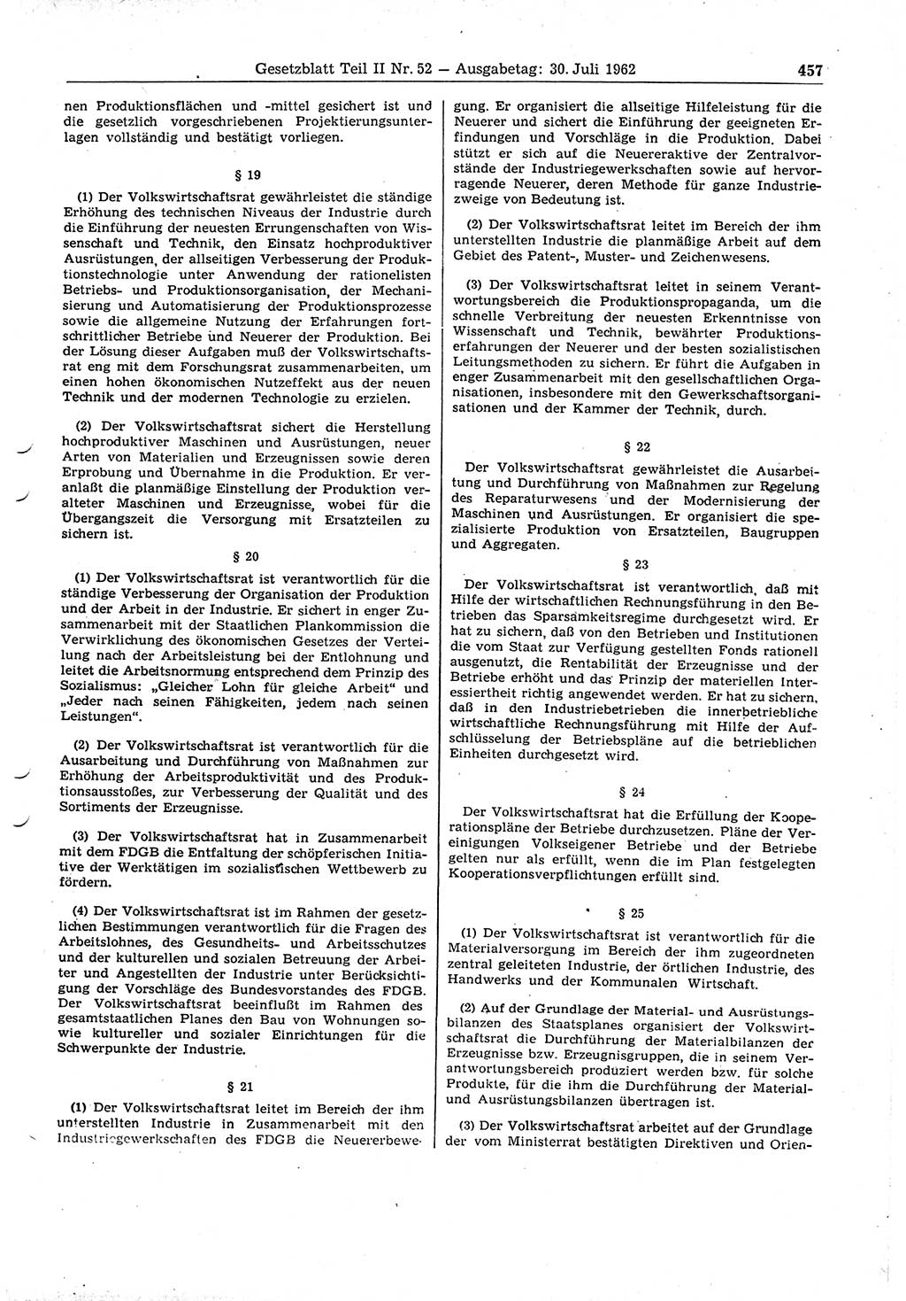 Gesetzblatt (GBl.) der Deutschen Demokratischen Republik (DDR) Teil ⅠⅠ 1962, Seite 457 (GBl. DDR ⅠⅠ 1962, S. 457)