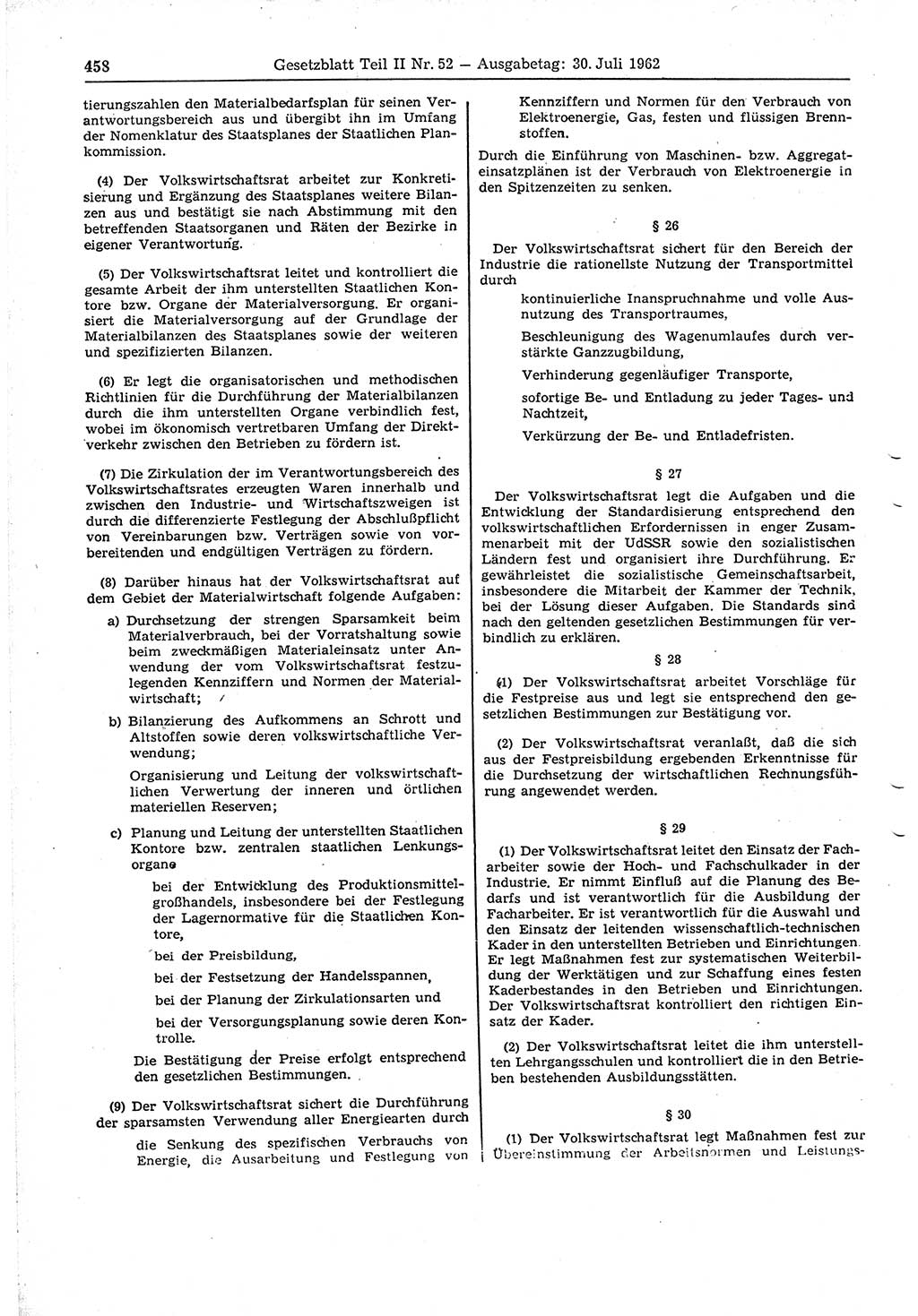 Gesetzblatt (GBl.) der Deutschen Demokratischen Republik (DDR) Teil ⅠⅠ 1962, Seite 458 (GBl. DDR ⅠⅠ 1962, S. 458)