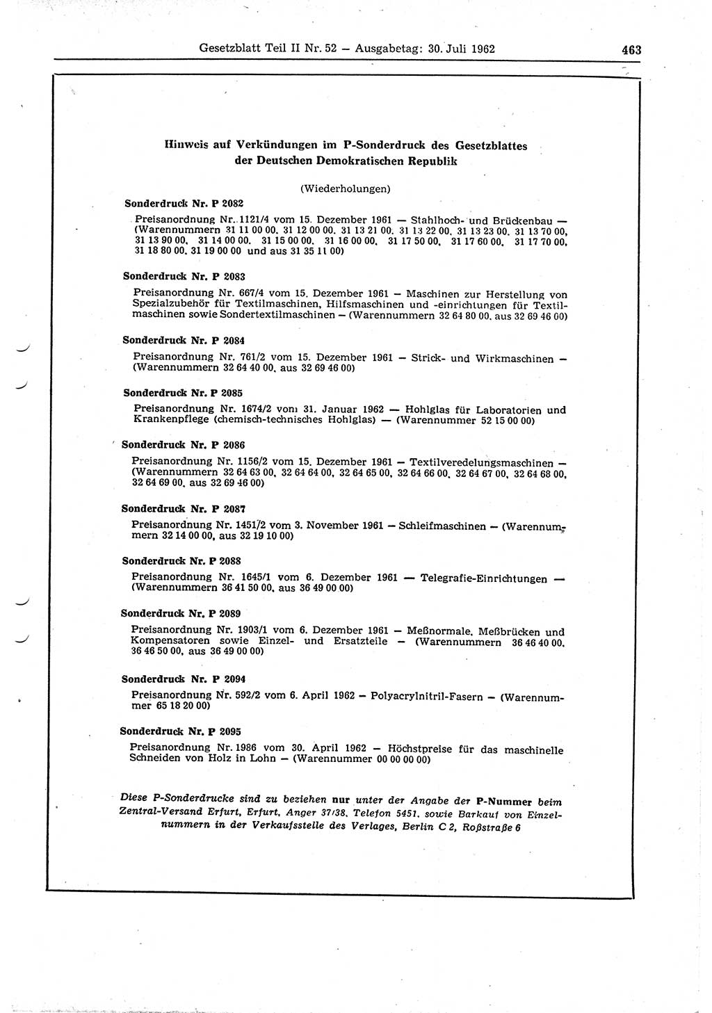 Gesetzblatt (GBl.) der Deutschen Demokratischen Republik (DDR) Teil ⅠⅠ 1962, Seite 463 (GBl. DDR ⅠⅠ 1962, S. 463)