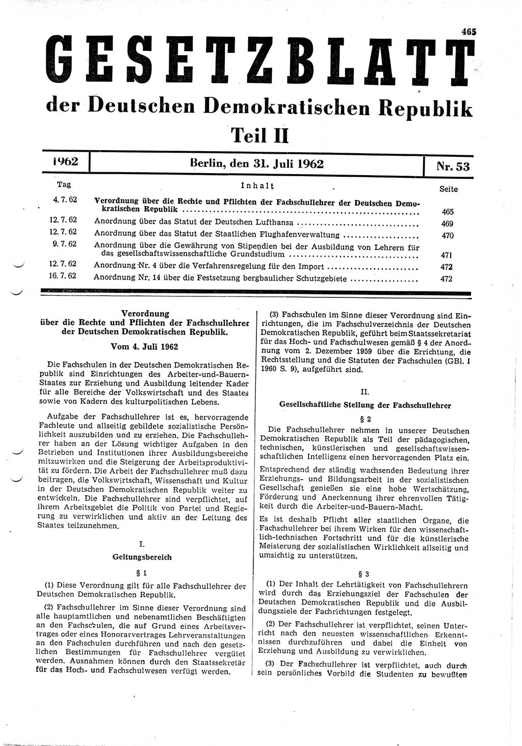 Gesetzblatt (GBl.) der Deutschen Demokratischen Republik (DDR) Teil ⅠⅠ 1962, Seite 465 (GBl. DDR ⅠⅠ 1962, S. 465)