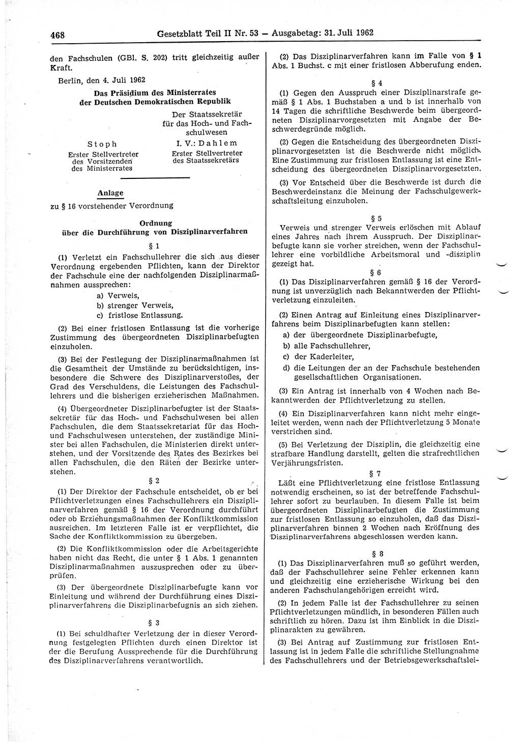 Gesetzblatt (GBl.) der Deutschen Demokratischen Republik (DDR) Teil ⅠⅠ 1962, Seite 468 (GBl. DDR ⅠⅠ 1962, S. 468)