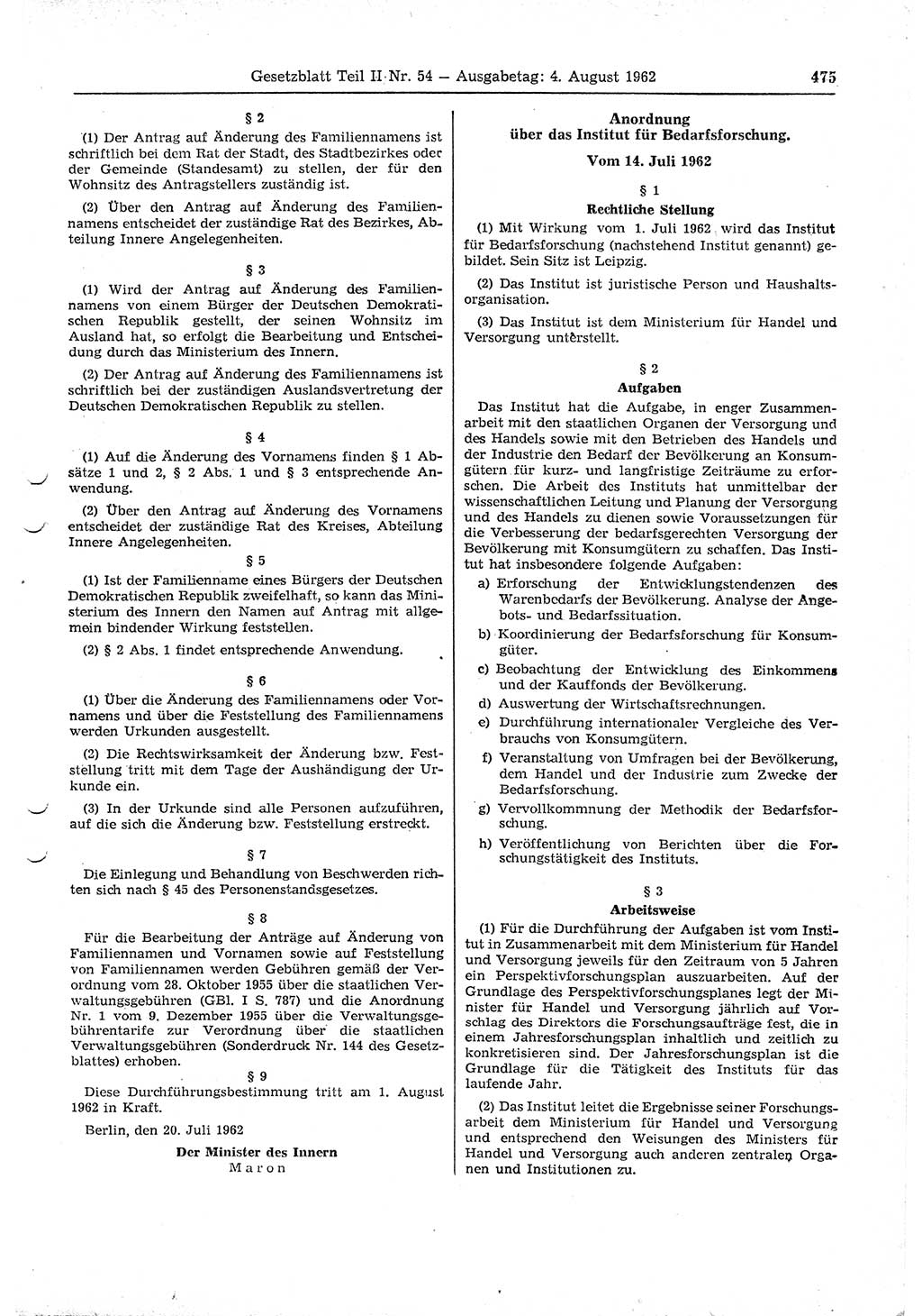 Gesetzblatt (GBl.) der Deutschen Demokratischen Republik (DDR) Teil ⅠⅠ 1962, Seite 475 (GBl. DDR ⅠⅠ 1962, S. 475)