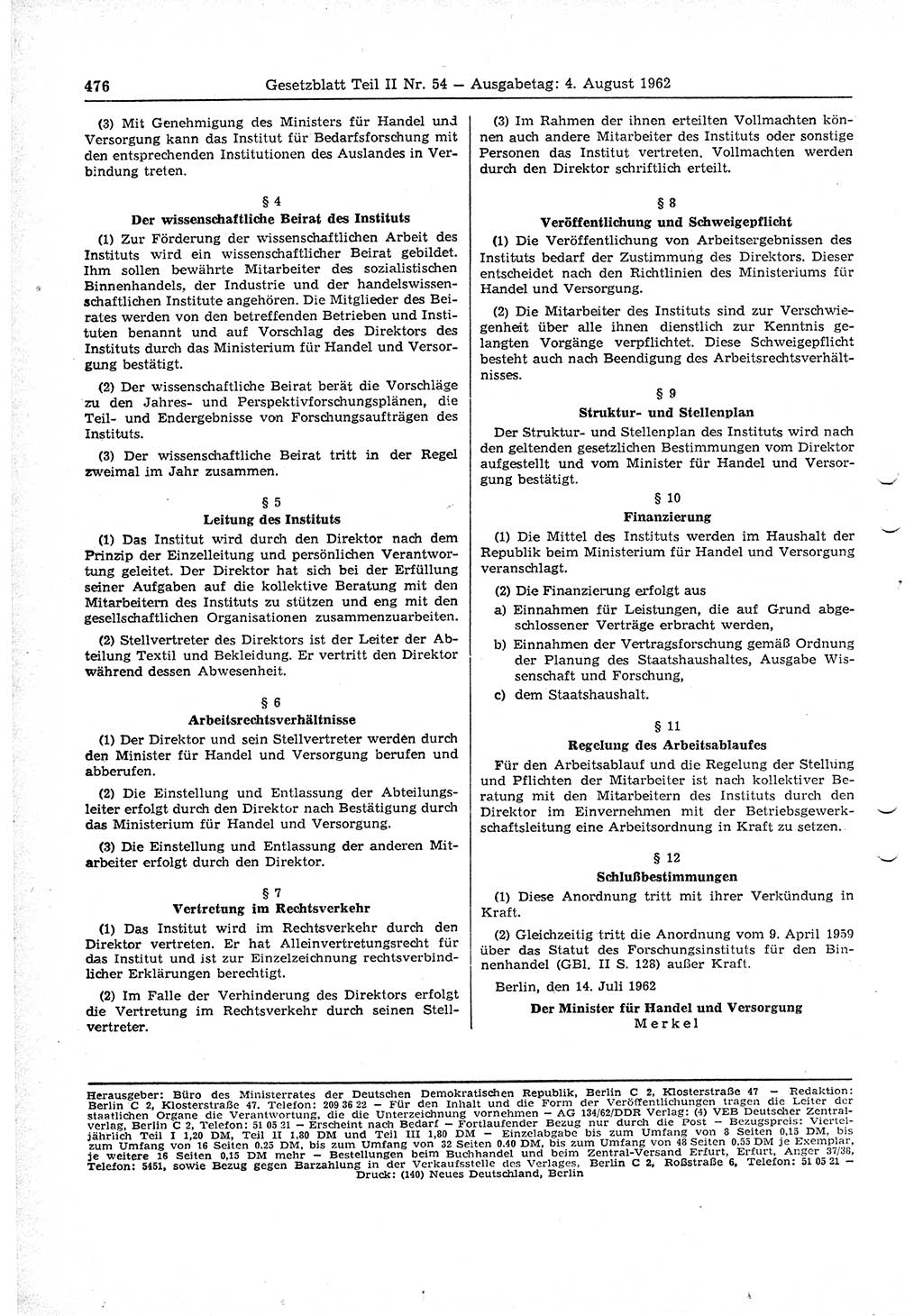 Gesetzblatt (GBl.) der Deutschen Demokratischen Republik (DDR) Teil ⅠⅠ 1962, Seite 476 (GBl. DDR ⅠⅠ 1962, S. 476)