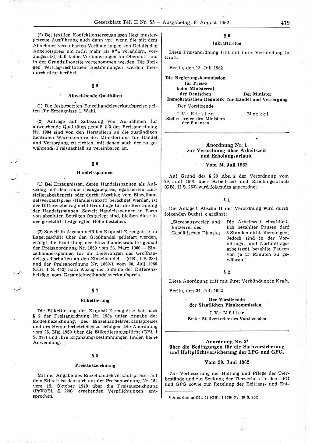 Gesetzblatt (GBl.) der Deutschen Demokratischen Republik (DDR) Teil ⅠⅠ 1962, Seite 479 (GBl. DDR ⅠⅠ 1962, S. 479)