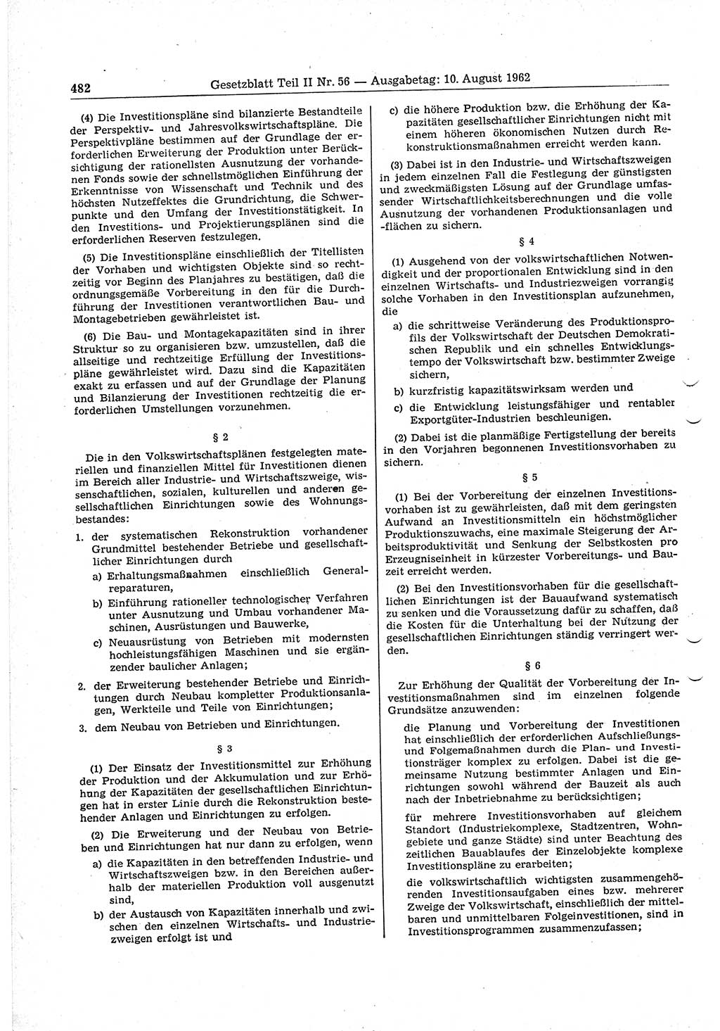 Gesetzblatt (GBl.) der Deutschen Demokratischen Republik (DDR) Teil ⅠⅠ 1962, Seite 482 (GBl. DDR ⅠⅠ 1962, S. 482)