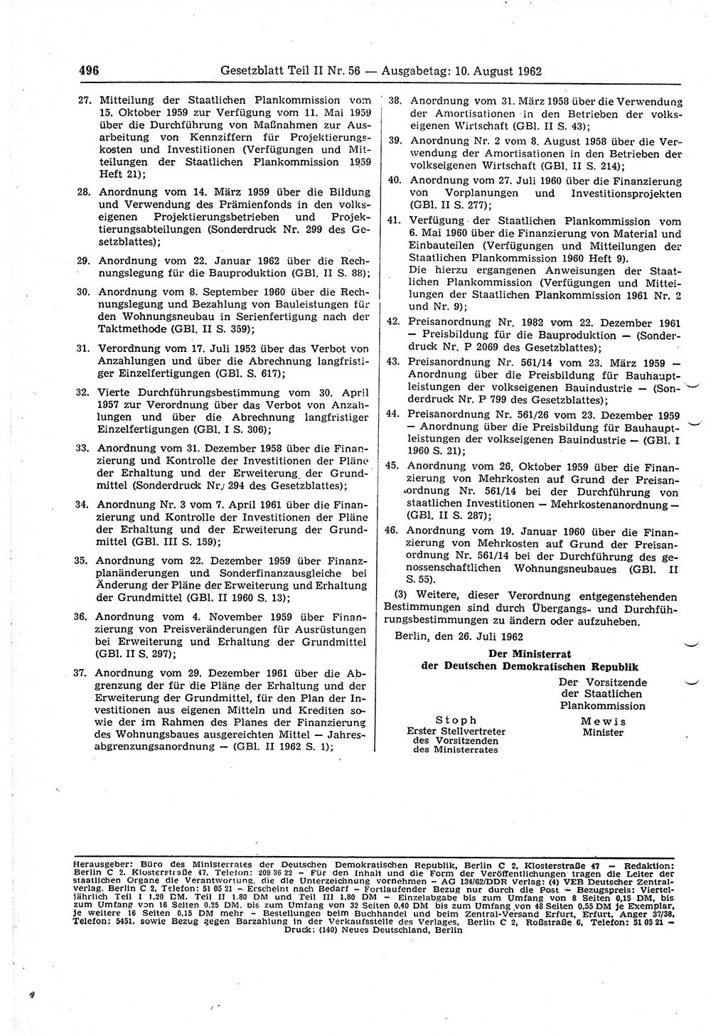 Gesetzblatt (GBl.) der Deutschen Demokratischen Republik (DDR) Teil ⅠⅠ 1962, Seite 496 (GBl. DDR ⅠⅠ 1962, S. 496)