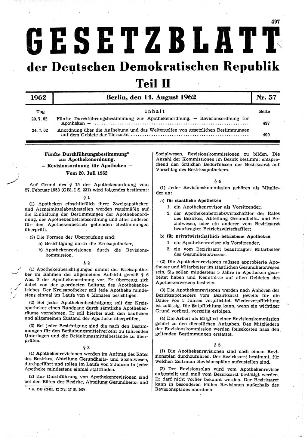 Gesetzblatt (GBl.) der Deutschen Demokratischen Republik (DDR) Teil ⅠⅠ 1962, Seite 497 (GBl. DDR ⅠⅠ 1962, S. 497)