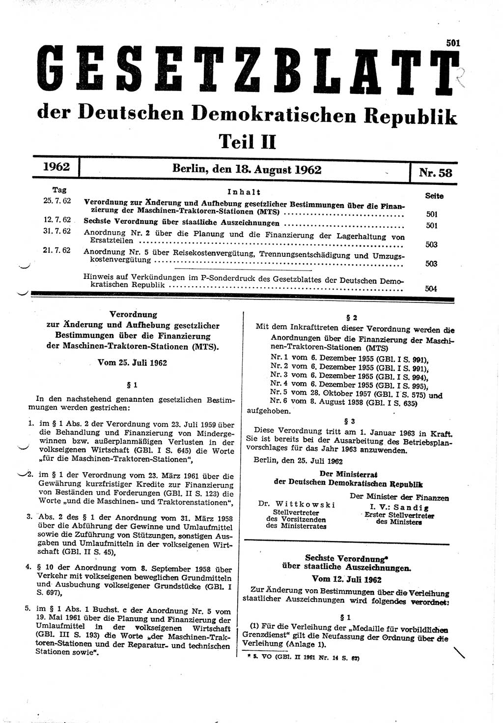 Gesetzblatt (GBl.) der Deutschen Demokratischen Republik (DDR) Teil ⅠⅠ 1962, Seite 501 (GBl. DDR ⅠⅠ 1962, S. 501)