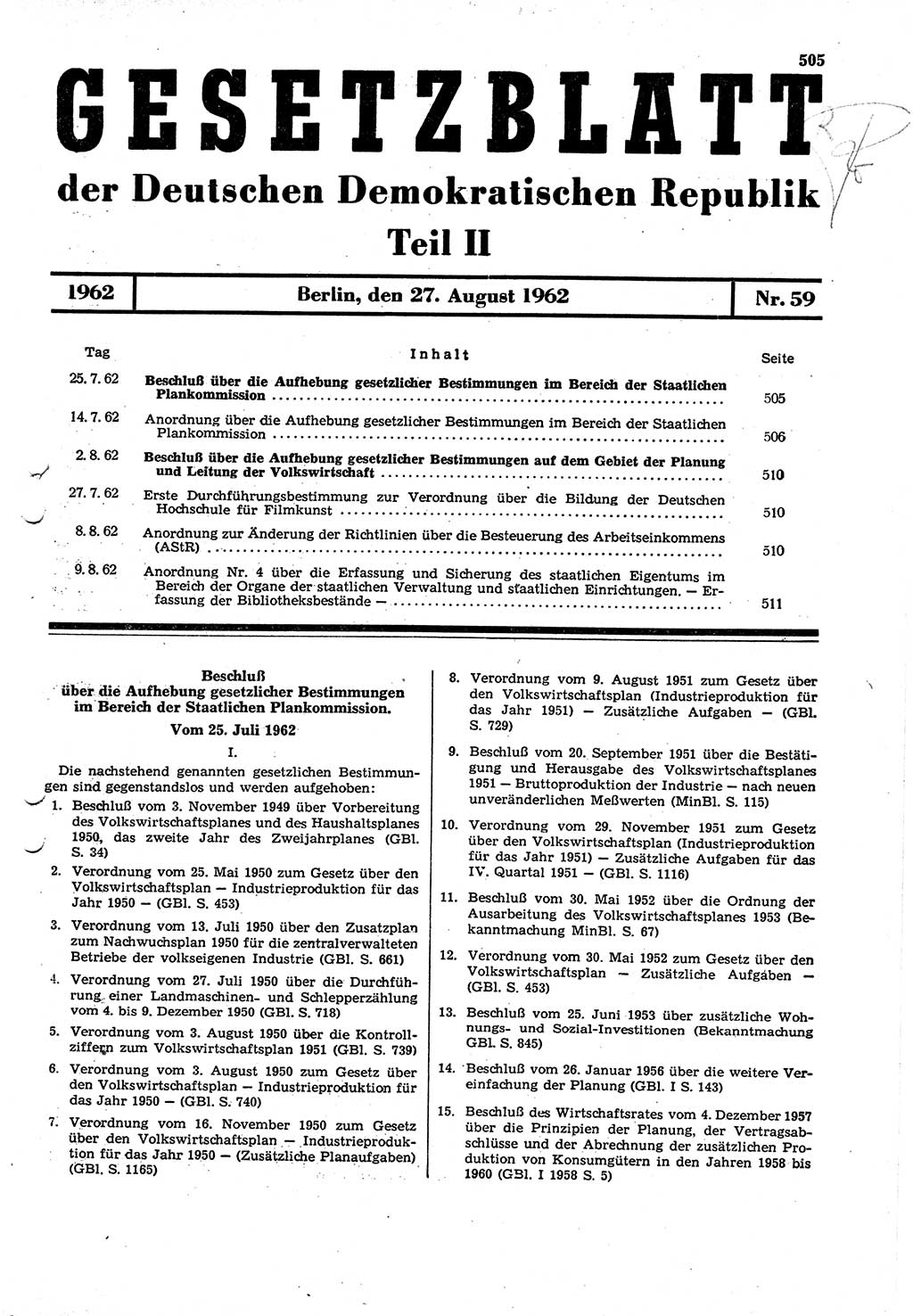 Gesetzblatt (GBl.) der Deutschen Demokratischen Republik (DDR) Teil ⅠⅠ 1962, Seite 505 (GBl. DDR ⅠⅠ 1962, S. 505)