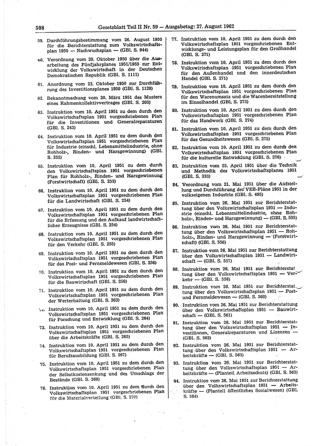 Gesetzblatt (GBl.) der Deutschen Demokratischen Republik (DDR) Teil ⅠⅠ 1962, Seite 508 (GBl. DDR ⅠⅠ 1962, S. 508)