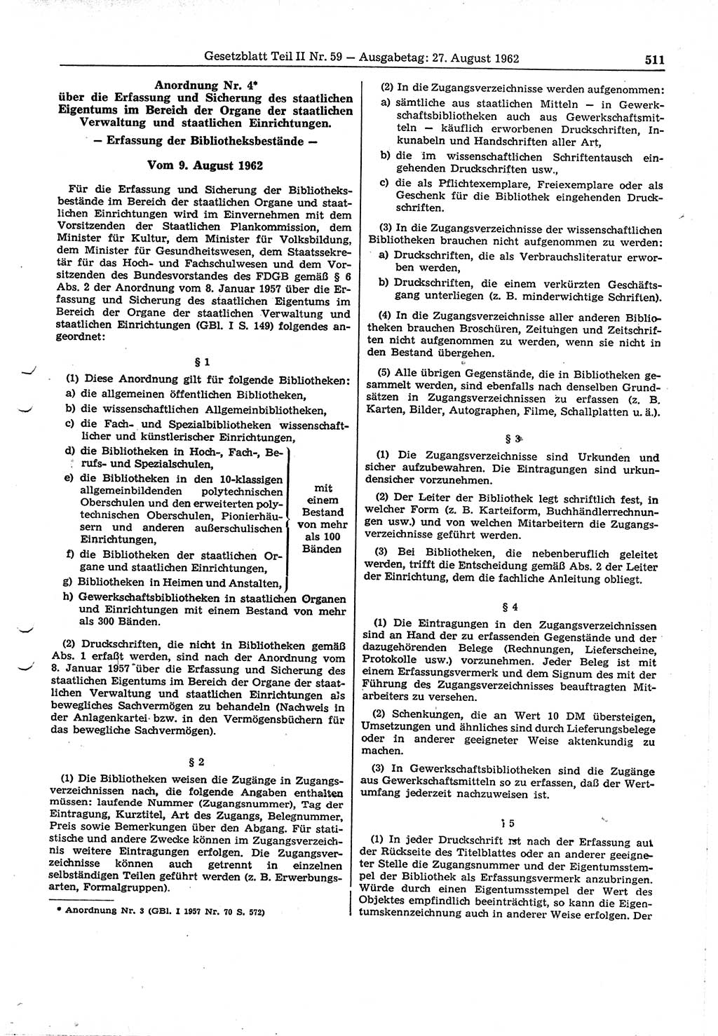 Gesetzblatt (GBl.) der Deutschen Demokratischen Republik (DDR) Teil ⅠⅠ 1962, Seite 511 (GBl. DDR ⅠⅠ 1962, S. 511)