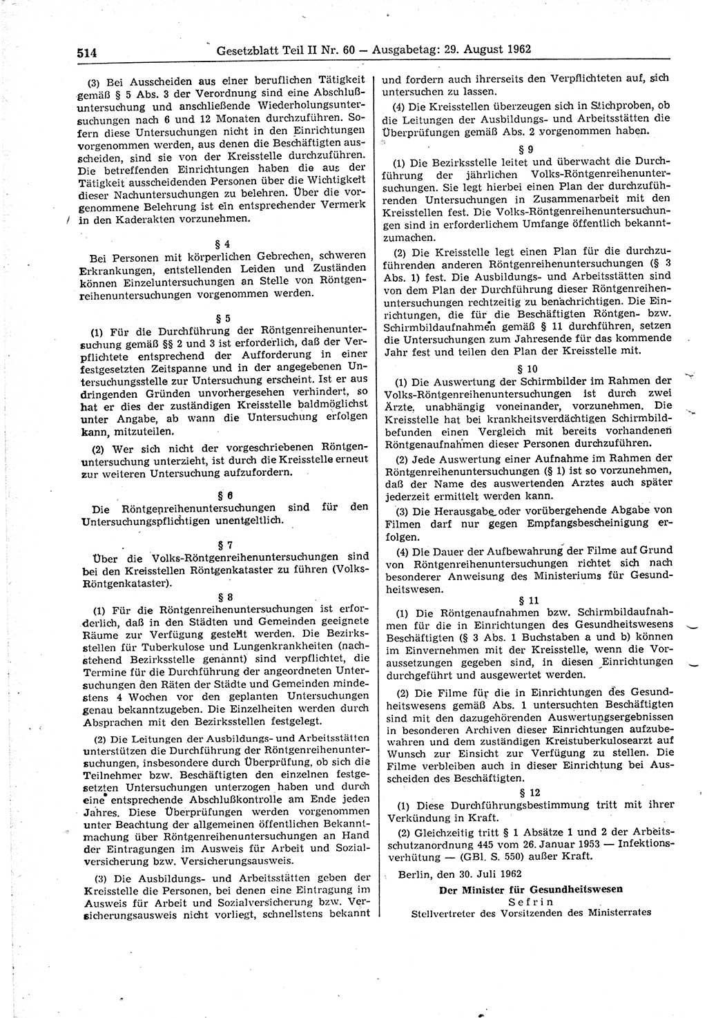 Gesetzblatt (GBl.) der Deutschen Demokratischen Republik (DDR) Teil ⅠⅠ 1962, Seite 514 (GBl. DDR ⅠⅠ 1962, S. 514)