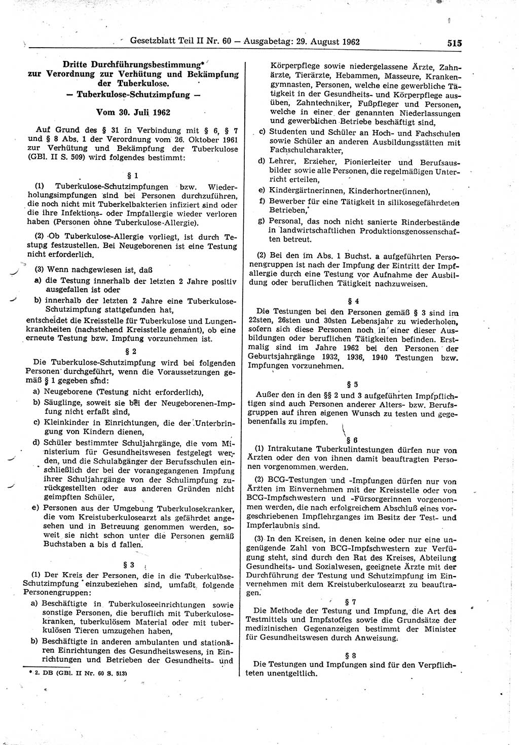 Gesetzblatt (GBl.) der Deutschen Demokratischen Republik (DDR) Teil ⅠⅠ 1962, Seite 515 (GBl. DDR ⅠⅠ 1962, S. 515)