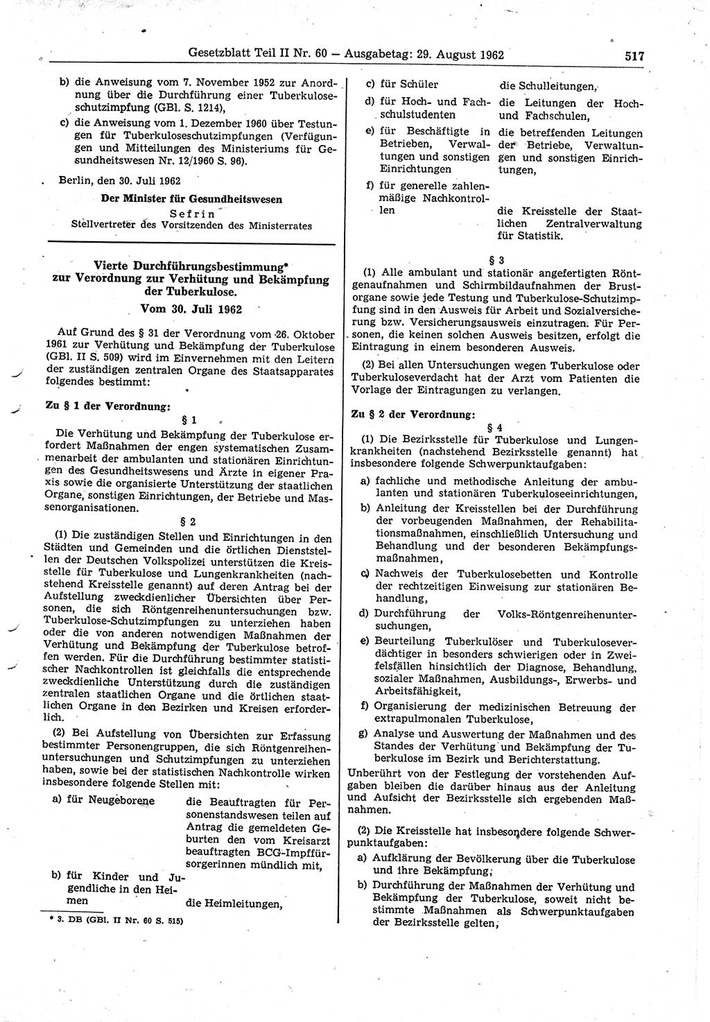 Gesetzblatt (GBl.) der Deutschen Demokratischen Republik (DDR) Teil ⅠⅠ 1962, Seite 517 (GBl. DDR ⅠⅠ 1962, S. 517)