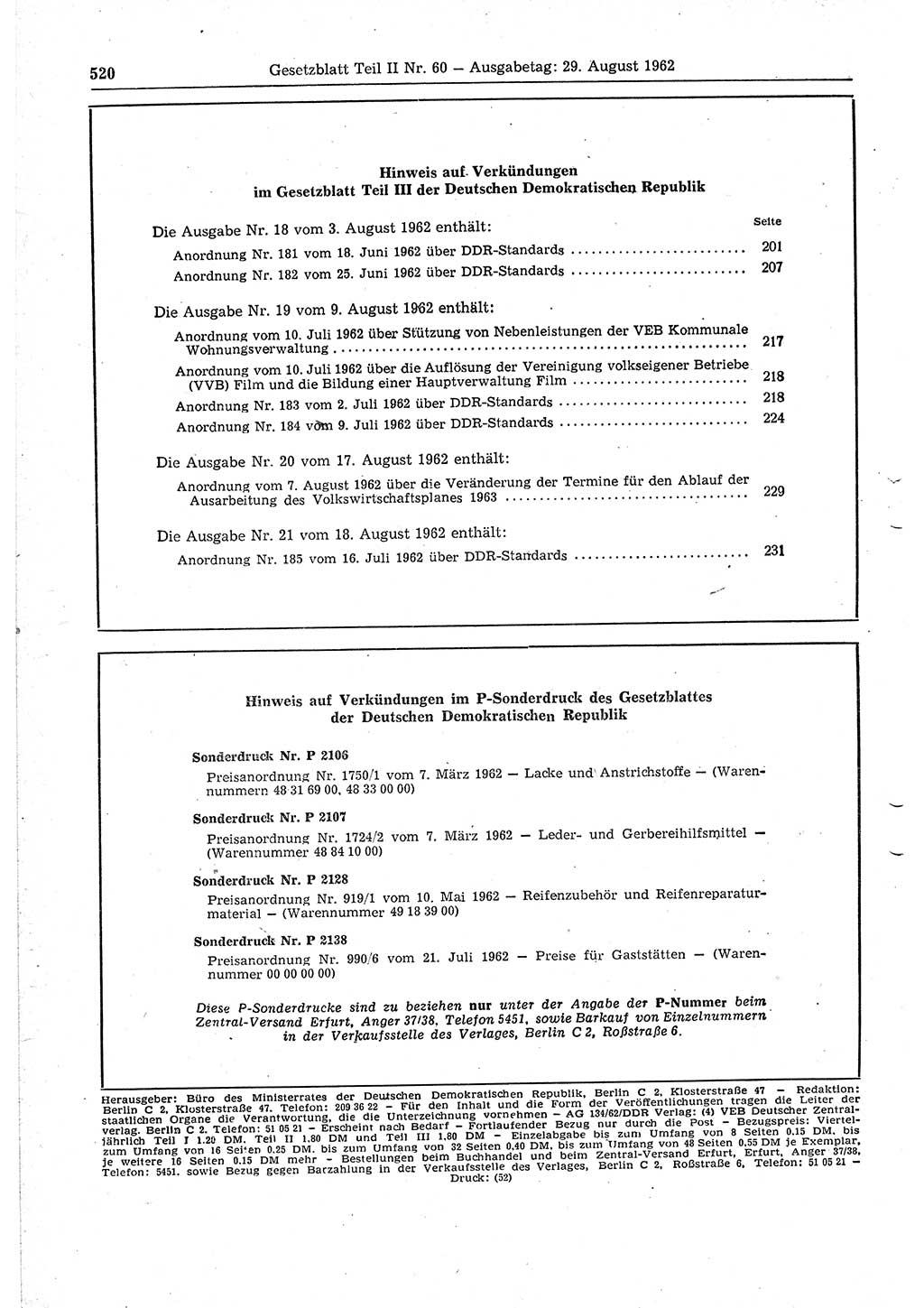 Gesetzblatt (GBl.) der Deutschen Demokratischen Republik (DDR) Teil ⅠⅠ 1962, Seite 520 (GBl. DDR ⅠⅠ 1962, S. 520)