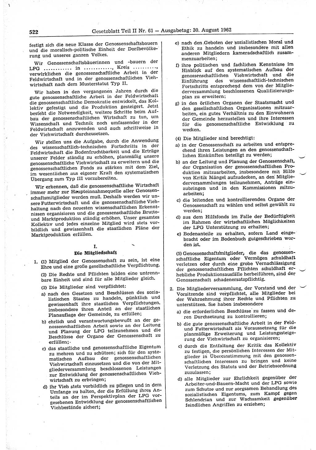 Gesetzblatt (GBl.) der Deutschen Demokratischen Republik (DDR) Teil ⅠⅠ 1962, Seite 522 (GBl. DDR ⅠⅠ 1962, S. 522)