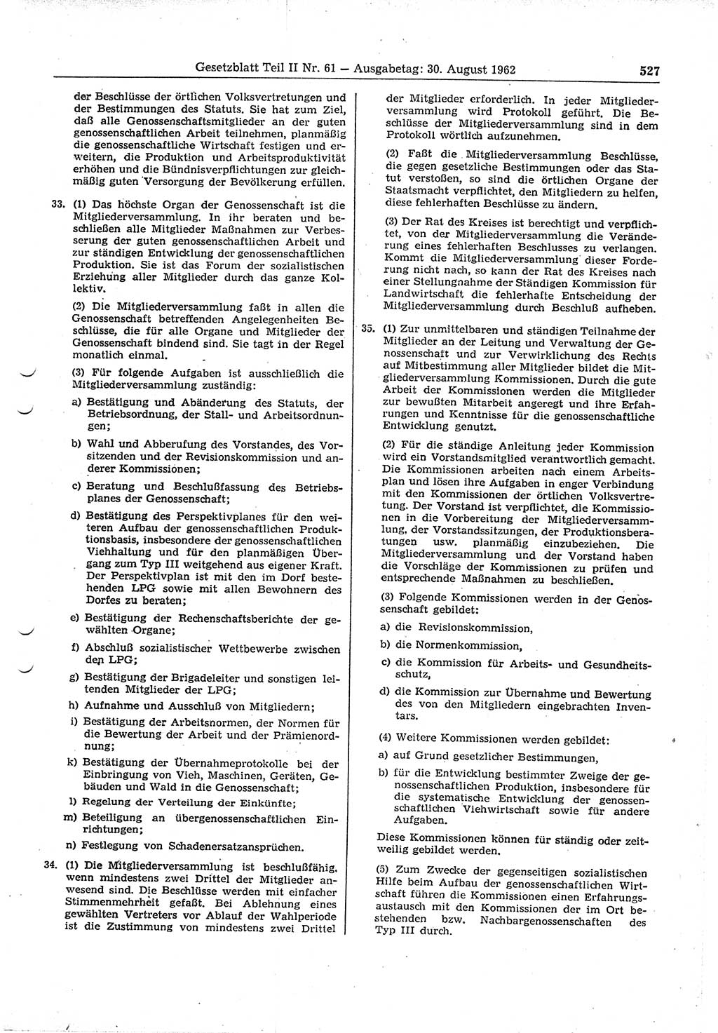 Gesetzblatt (GBl.) der Deutschen Demokratischen Republik (DDR) Teil ⅠⅠ 1962, Seite 527 (GBl. DDR ⅠⅠ 1962, S. 527)