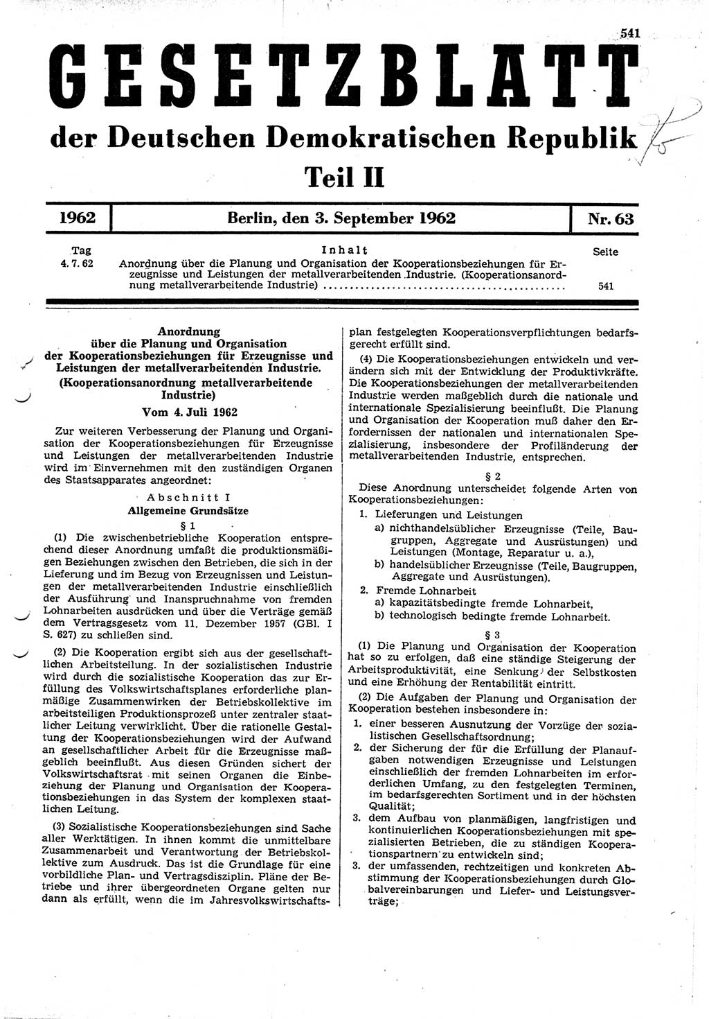 Gesetzblatt (GBl.) der Deutschen Demokratischen Republik (DDR) Teil ⅠⅠ 1962, Seite 541 (GBl. DDR ⅠⅠ 1962, S. 541)