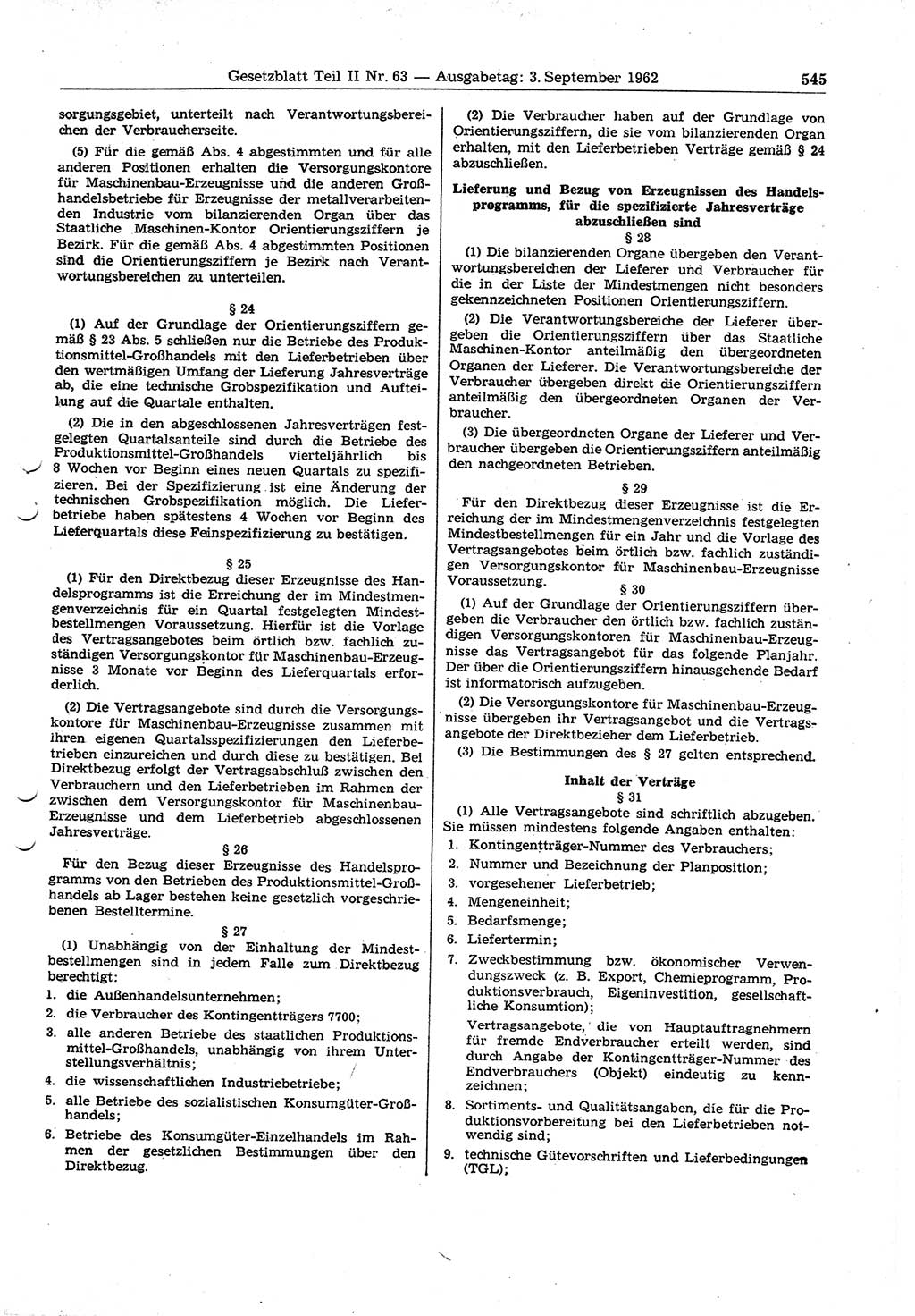 Gesetzblatt (GBl.) der Deutschen Demokratischen Republik (DDR) Teil ⅠⅠ 1962, Seite 545 (GBl. DDR ⅠⅠ 1962, S. 545)