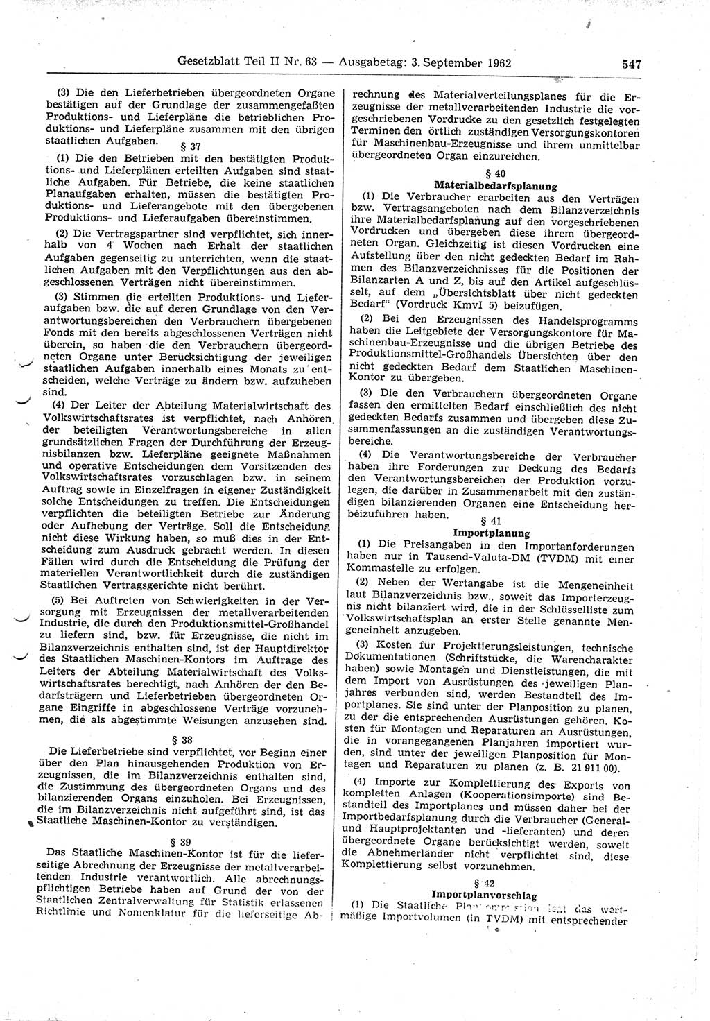 Gesetzblatt (GBl.) der Deutschen Demokratischen Republik (DDR) Teil ⅠⅠ 1962, Seite 547 (GBl. DDR ⅠⅠ 1962, S. 547)