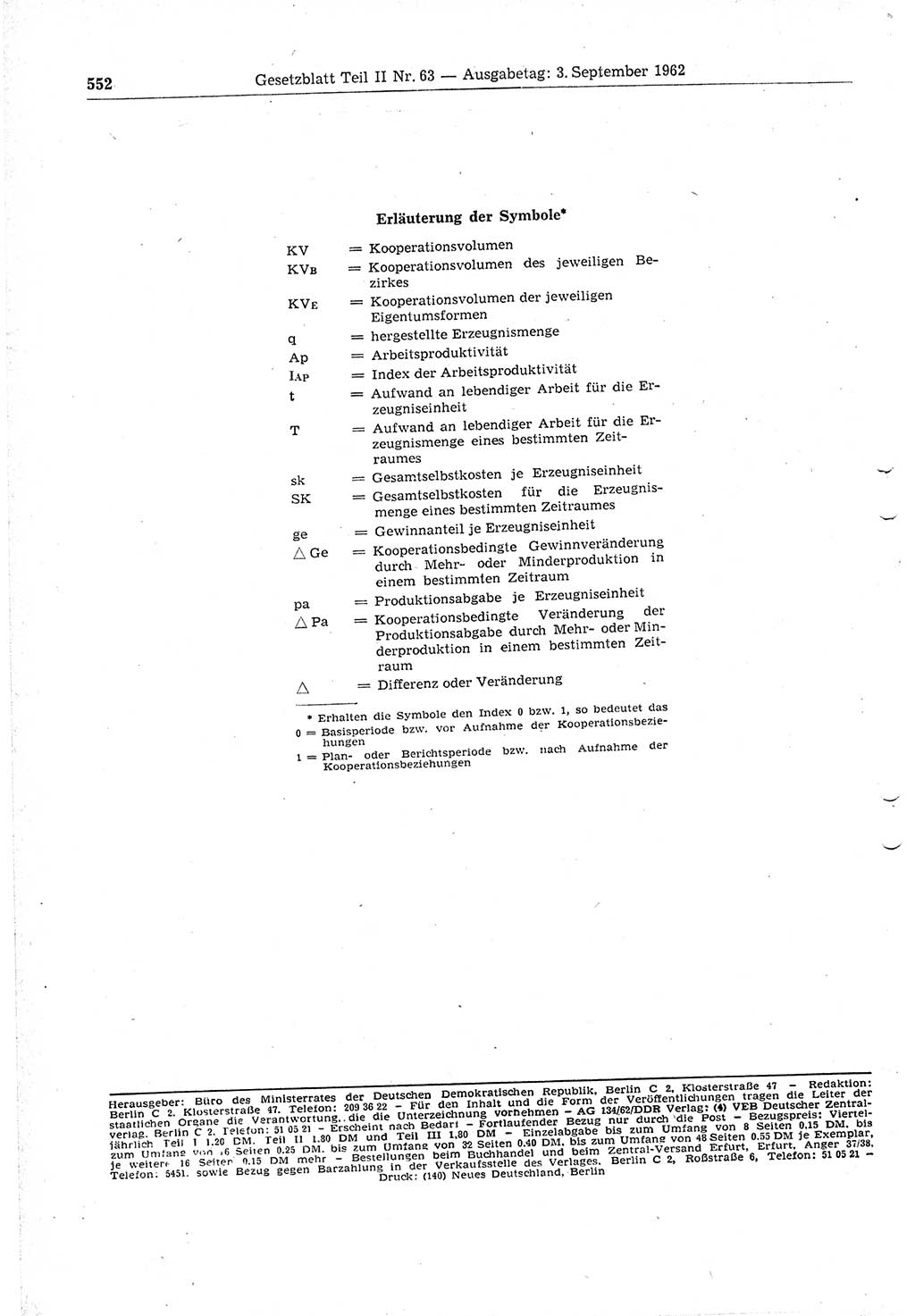 Gesetzblatt (GBl.) der Deutschen Demokratischen Republik (DDR) Teil ⅠⅠ 1962, Seite 552 (GBl. DDR ⅠⅠ 1962, S. 552)