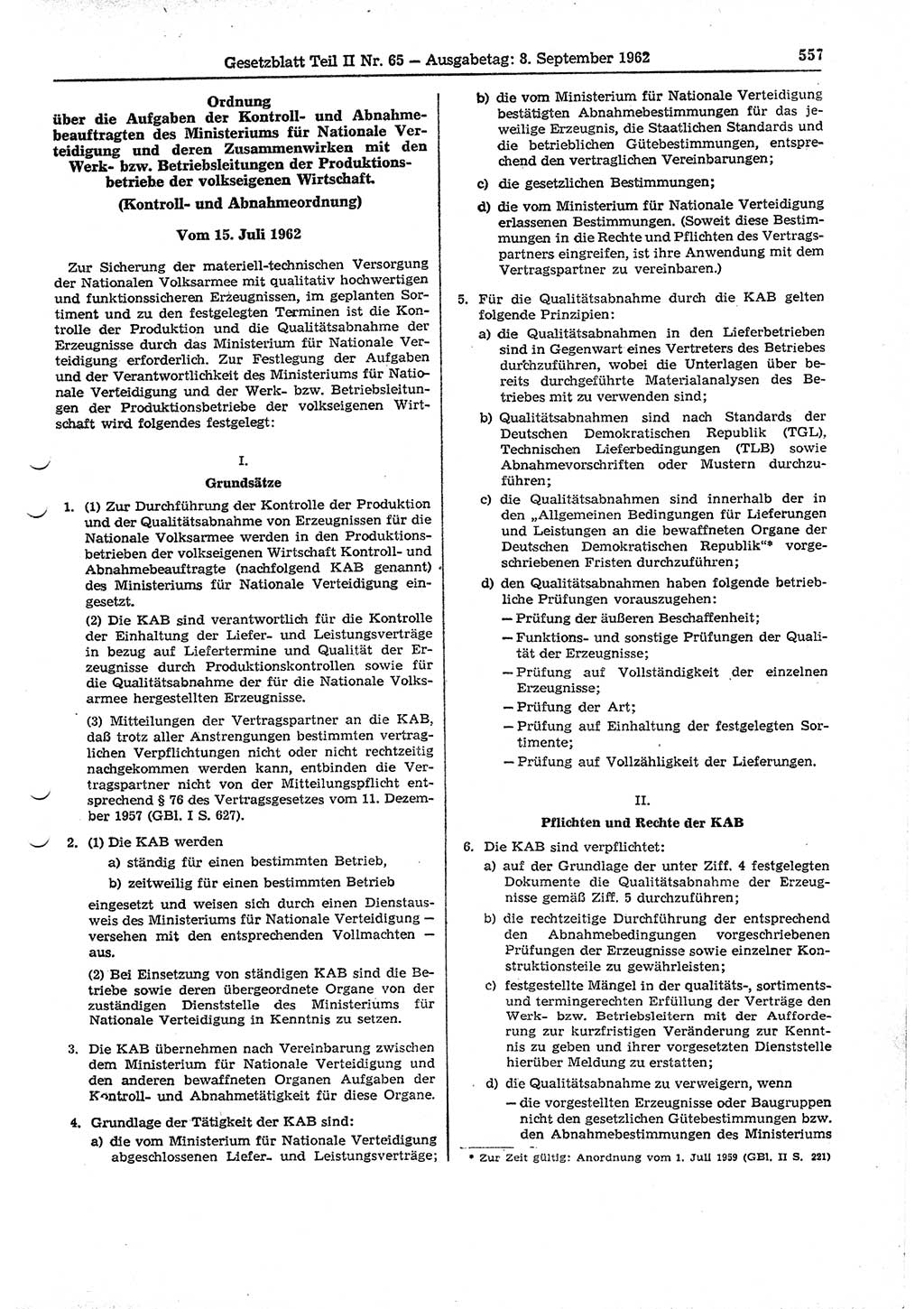 Gesetzblatt (GBl.) der Deutschen Demokratischen Republik (DDR) Teil ⅠⅠ 1962, Seite 557 (GBl. DDR ⅠⅠ 1962, S. 557)