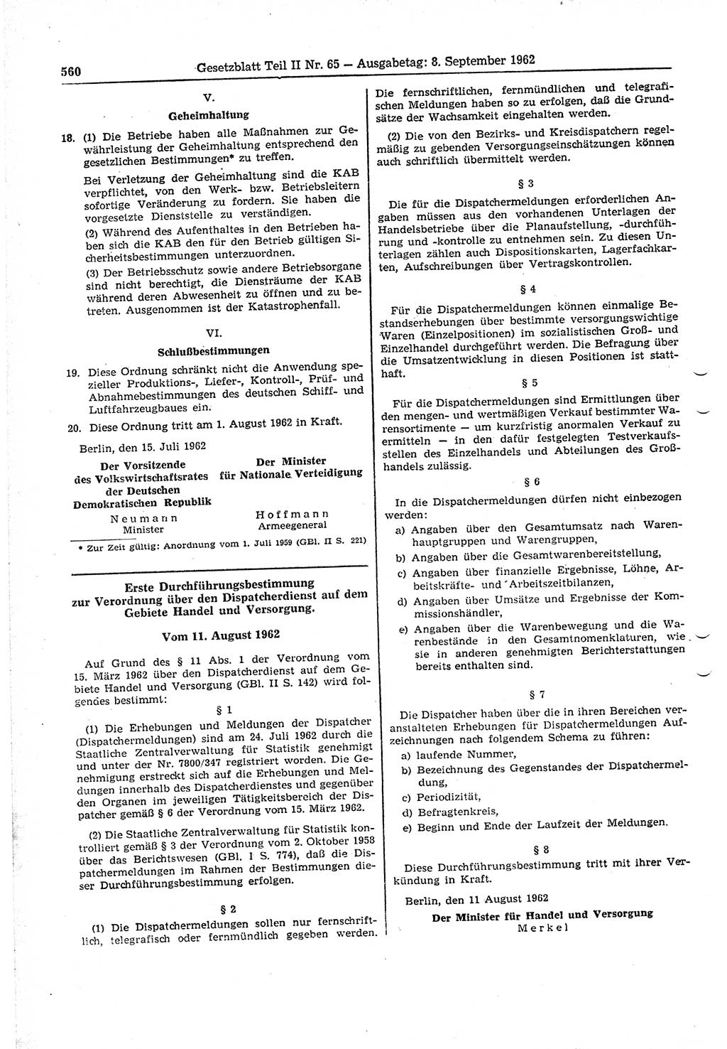 Gesetzblatt (GBl.) der Deutschen Demokratischen Republik (DDR) Teil ⅠⅠ 1962, Seite 560 (GBl. DDR ⅠⅠ 1962, S. 560)