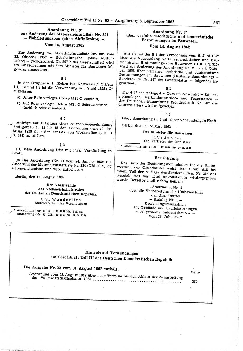 Gesetzblatt (GBl.) der Deutschen Demokratischen Republik (DDR) Teil ⅠⅠ 1962, Seite 561 (GBl. DDR ⅠⅠ 1962, S. 561)