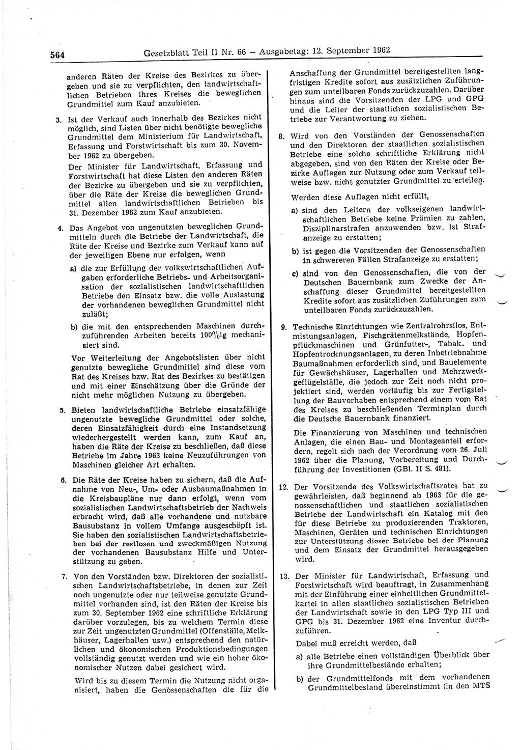 Gesetzblatt (GBl.) der Deutschen Demokratischen Republik (DDR) Teil ⅠⅠ 1962, Seite 564 (GBl. DDR ⅠⅠ 1962, S. 564)