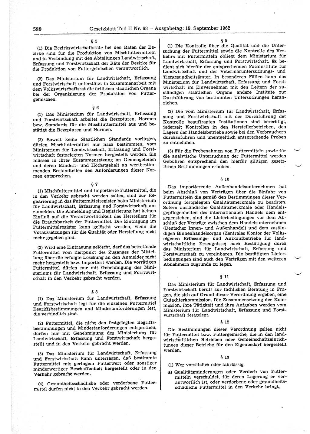 Gesetzblatt (GBl.) der Deutschen Demokratischen Republik (DDR) Teil ⅠⅠ 1962, Seite 580 (GBl. DDR ⅠⅠ 1962, S. 580)