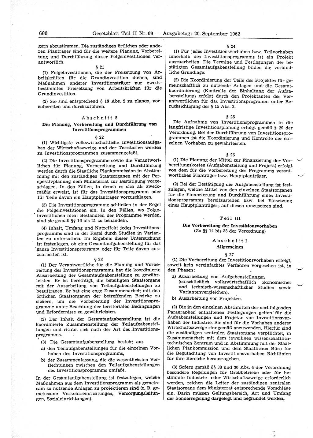 Gesetzblatt (GBl.) der Deutschen Demokratischen Republik (DDR) Teil ⅠⅠ 1962, Seite 600 (GBl. DDR ⅠⅠ 1962, S. 600)