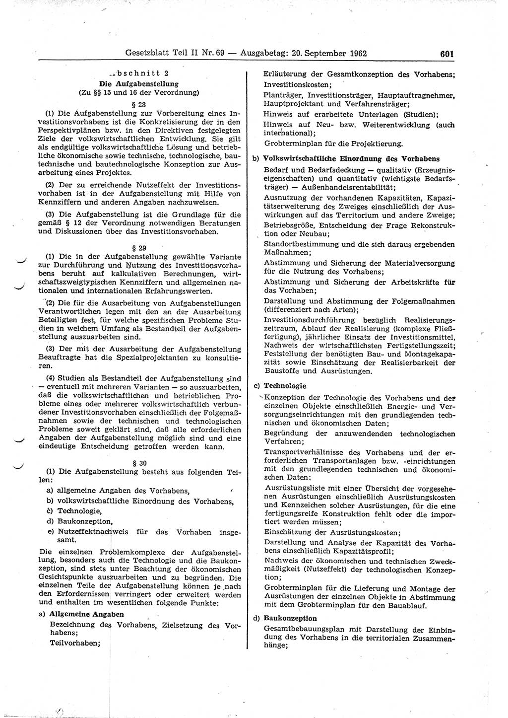 Gesetzblatt (GBl.) der Deutschen Demokratischen Republik (DDR) Teil ⅠⅠ 1962, Seite 601 (GBl. DDR ⅠⅠ 1962, S. 601)