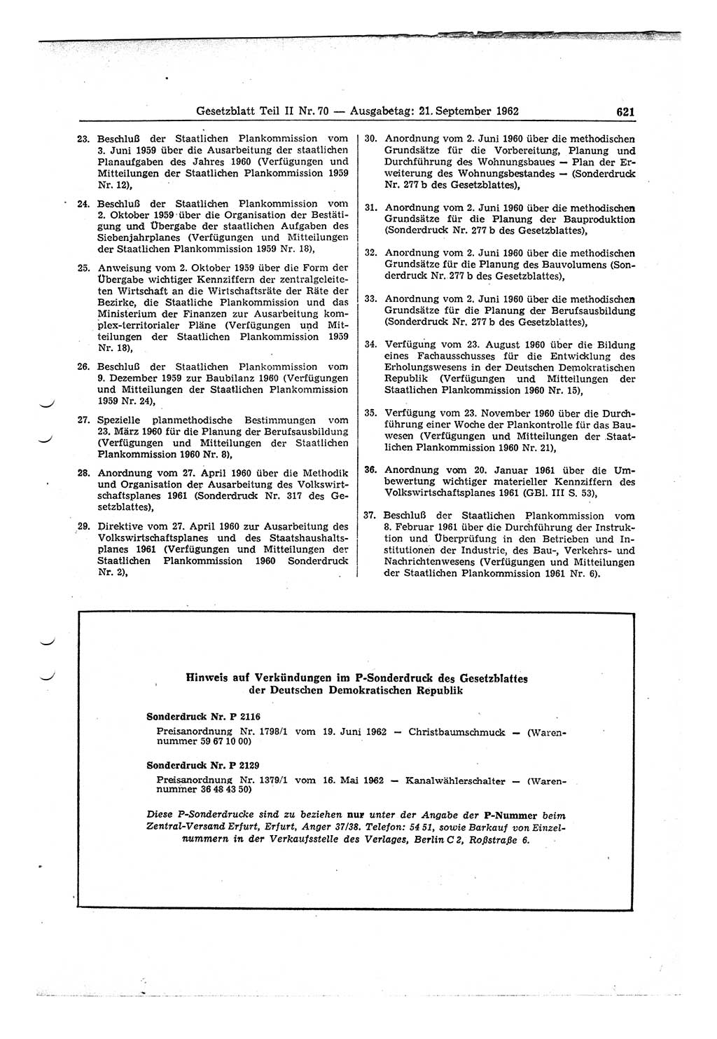 Gesetzblatt (GBl.) der Deutschen Demokratischen Republik (DDR) Teil ⅠⅠ 1962, Seite 621 (GBl. DDR ⅠⅠ 1962, S. 621)