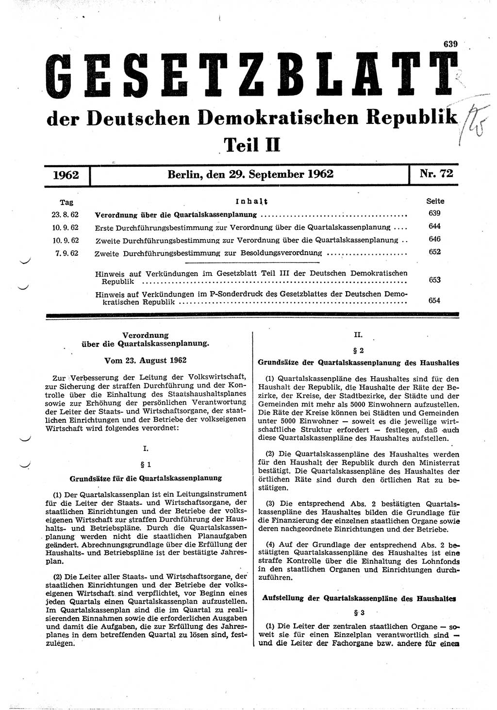 Gesetzblatt (GBl.) der Deutschen Demokratischen Republik (DDR) Teil ⅠⅠ 1962, Seite 639 (GBl. DDR ⅠⅠ 1962, S. 639)