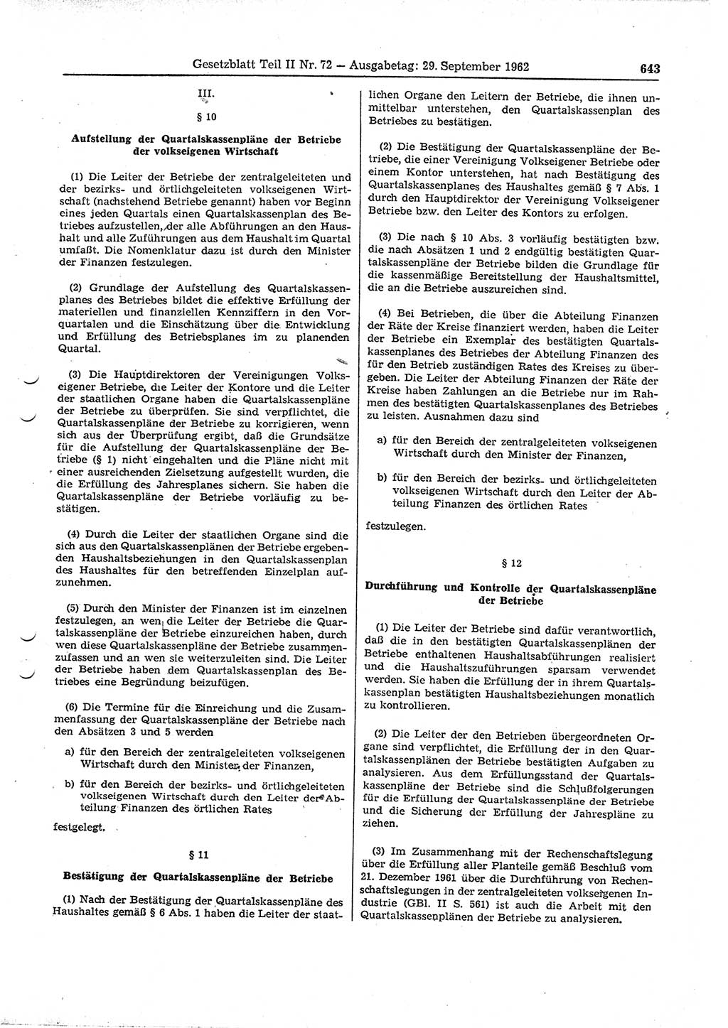 Gesetzblatt (GBl.) der Deutschen Demokratischen Republik (DDR) Teil ⅠⅠ 1962, Seite 643 (GBl. DDR ⅠⅠ 1962, S. 643)