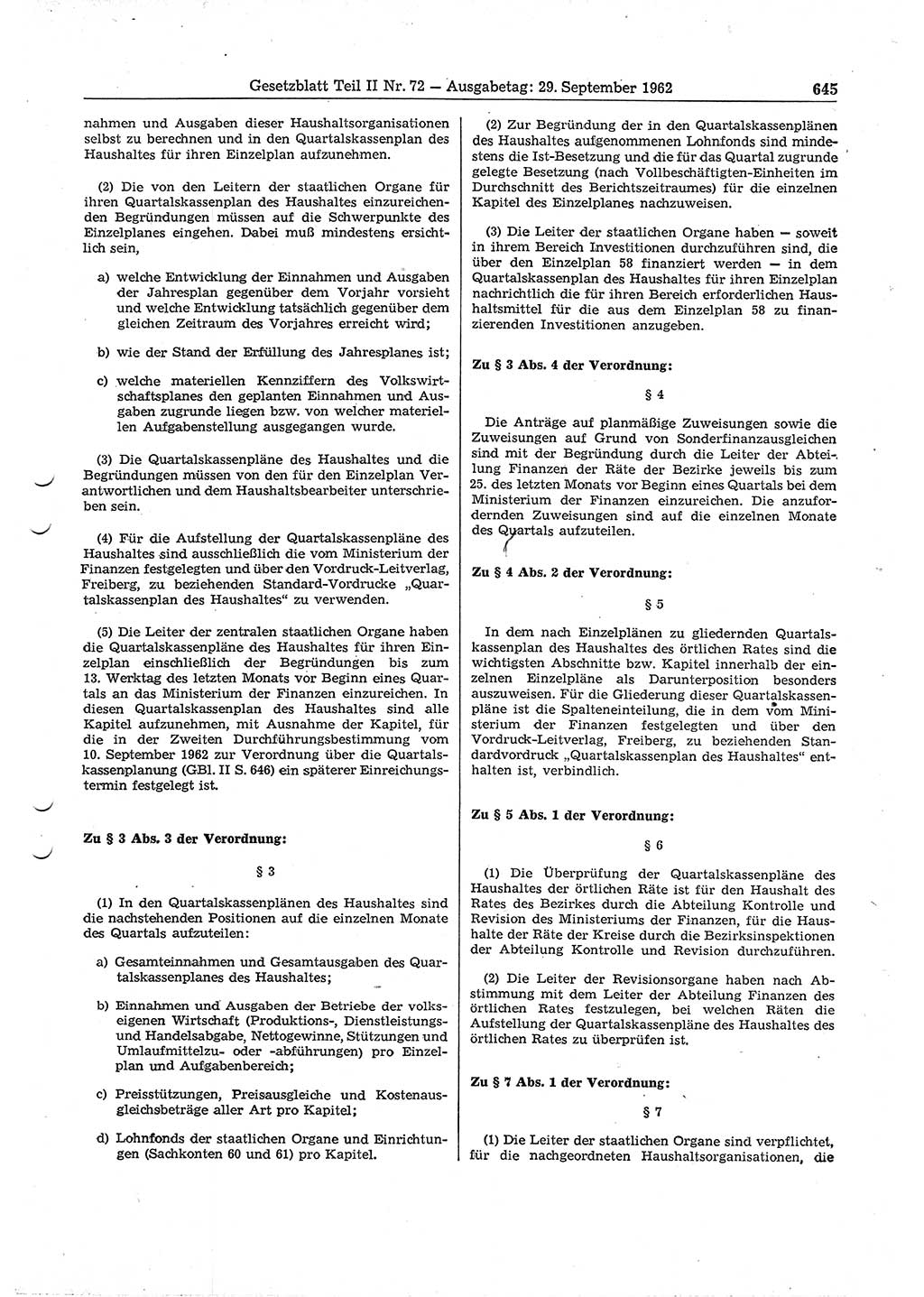 Gesetzblatt (GBl.) der Deutschen Demokratischen Republik (DDR) Teil ⅠⅠ 1962, Seite 645 (GBl. DDR ⅠⅠ 1962, S. 645)